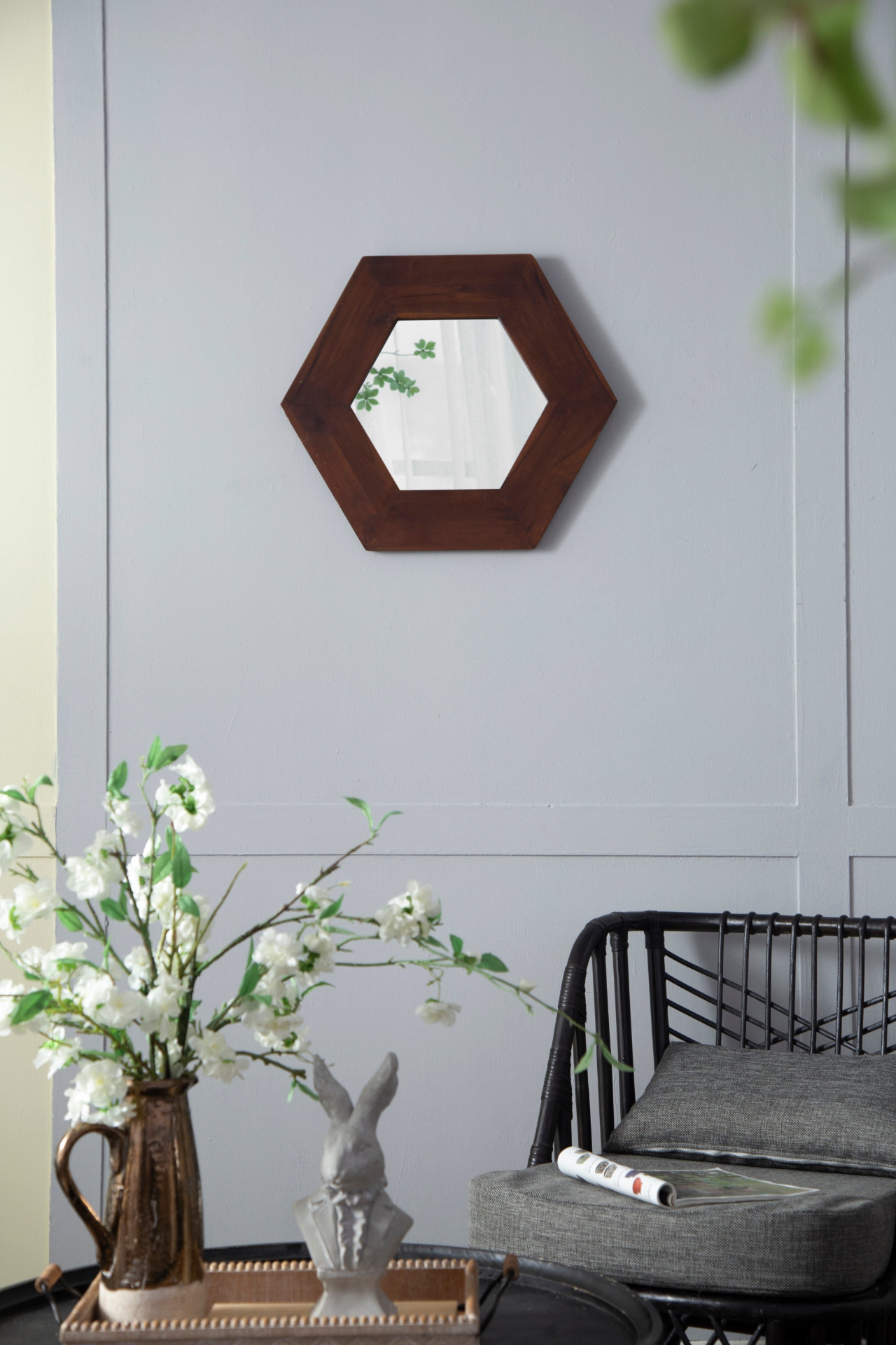 [product_type] | 18.5" x 18.5" Hexagon Mirror with Solid Wood Frame | Wall Decor for Living Room, Bathroom, Hallway | Dark Brown | casafoyer.myshopify.com