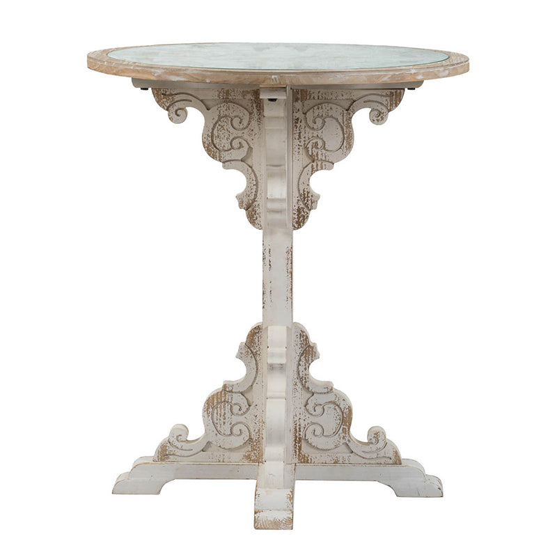 [product_type] | 24x28.5" Round Wooden Carved Table, Distressed White Finish Design | casafoyer.myshopify.com