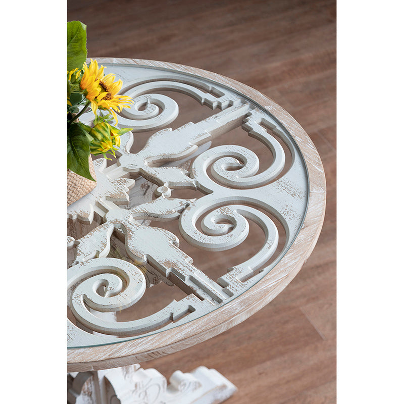 [product_type] | 24x28.5" Round Wooden Carved Table, Distressed White Finish Design | casafoyer.myshopify.com