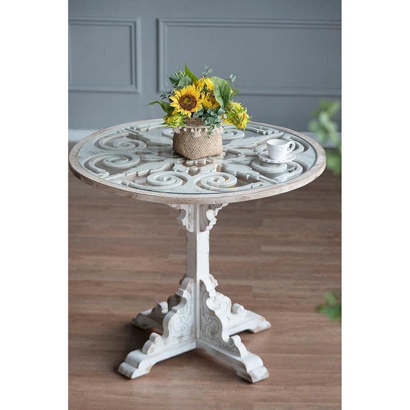 [product_type] | 24x28.5" Round Wooden Carved Table, Distressed White Finish Design | casafoyer.myshopify.com