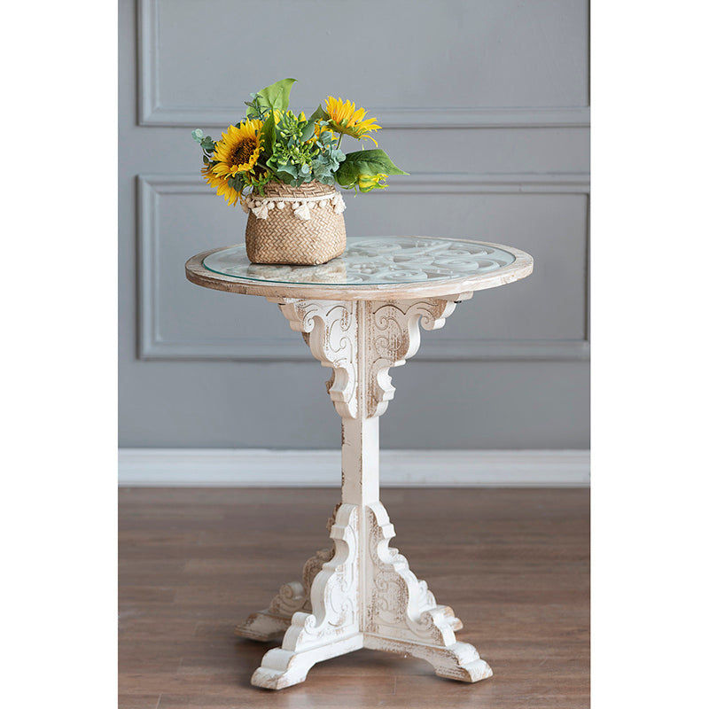 [product_type] | 24x28.5" Round Wooden Carved Table, Distressed White Finish Design | casafoyer.myshopify.com