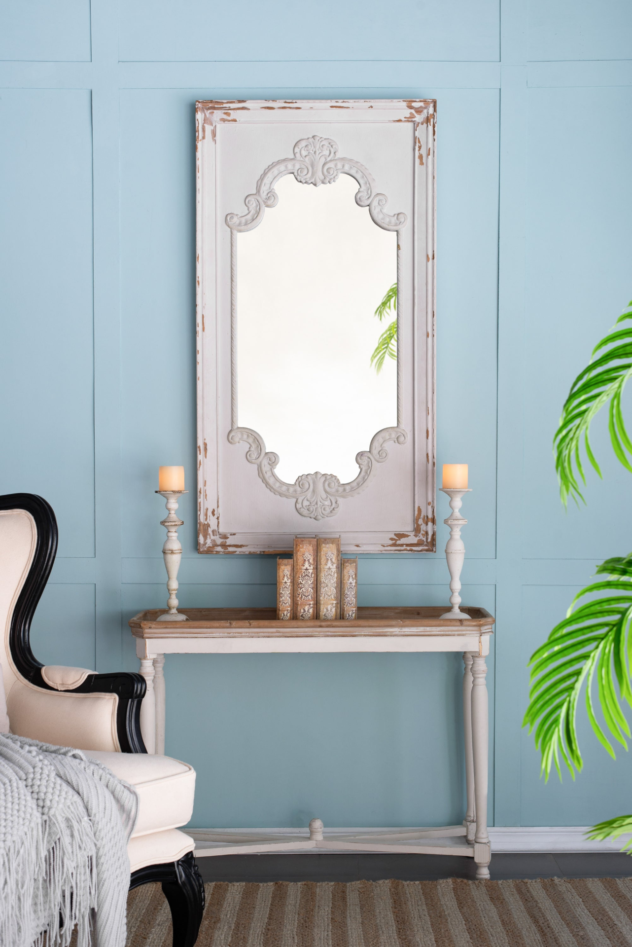 [product_type] | 29" x 54" Distressed White Mirror with Solid Wood Frame | French Country Floor Mirror | casafoyer.myshopify.com