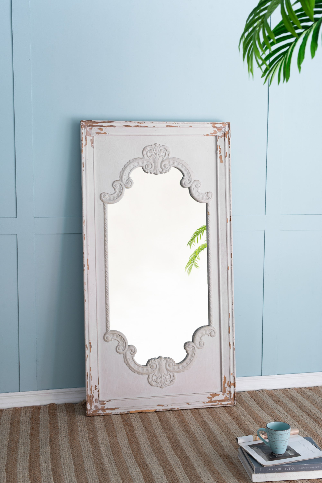 [product_type] | 29" x 54" Distressed White Mirror with Solid Wood Frame | French Country Floor Mirror | casafoyer.myshopify.com