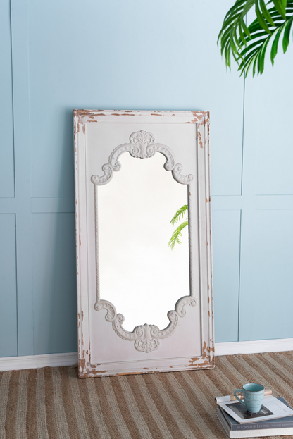 [product_type] | 29" x 54" Distressed White Mirror with Solid Wood Frame | French Country Floor Mirror | casafoyer.myshopify.com