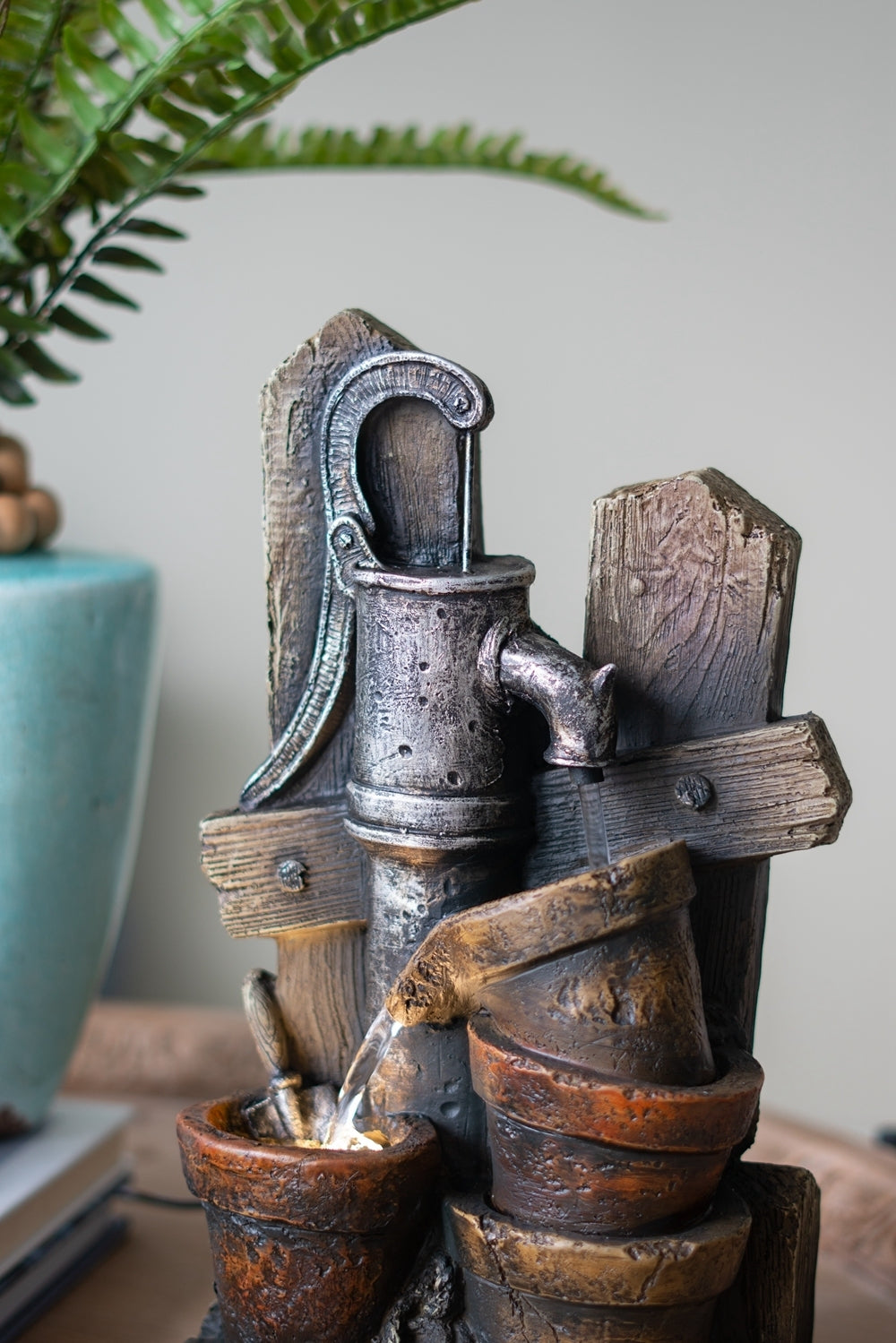 Garden Fountains | Brown and Gray Water Fountain with Antique Water Pump Design and LED Light | casafoyer.myshopify.com