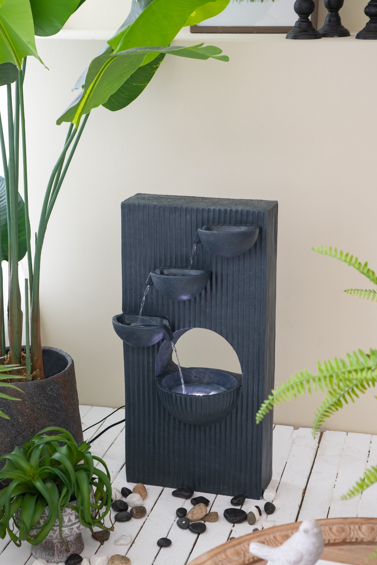 Garden Fountains | Decorative 4 Tier Minimalist Water Fountain with Light for Indoor Outdoor, Black | casafoyer.myshopify.com