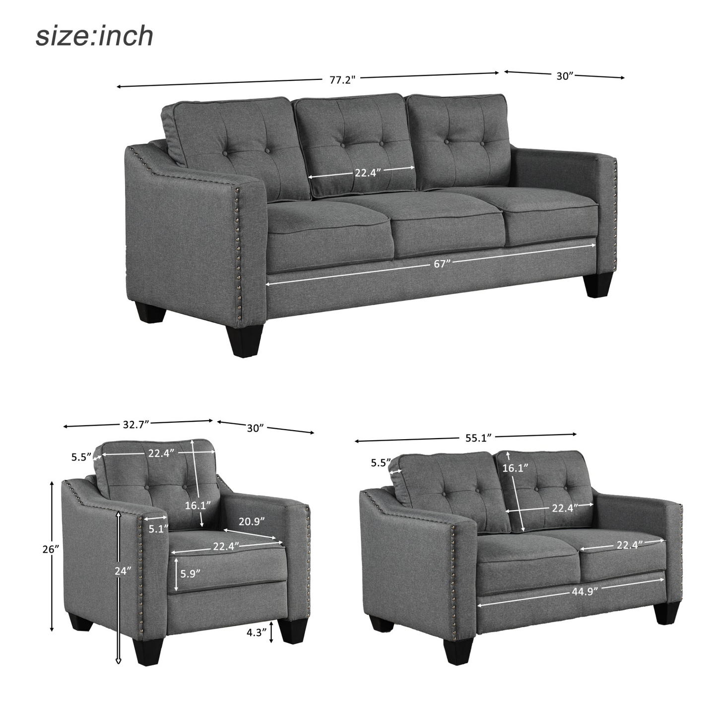 Sofa & Chair sets | 3 Piece Living Room Set with tufted cushions. | casafoyer.myshopify.com