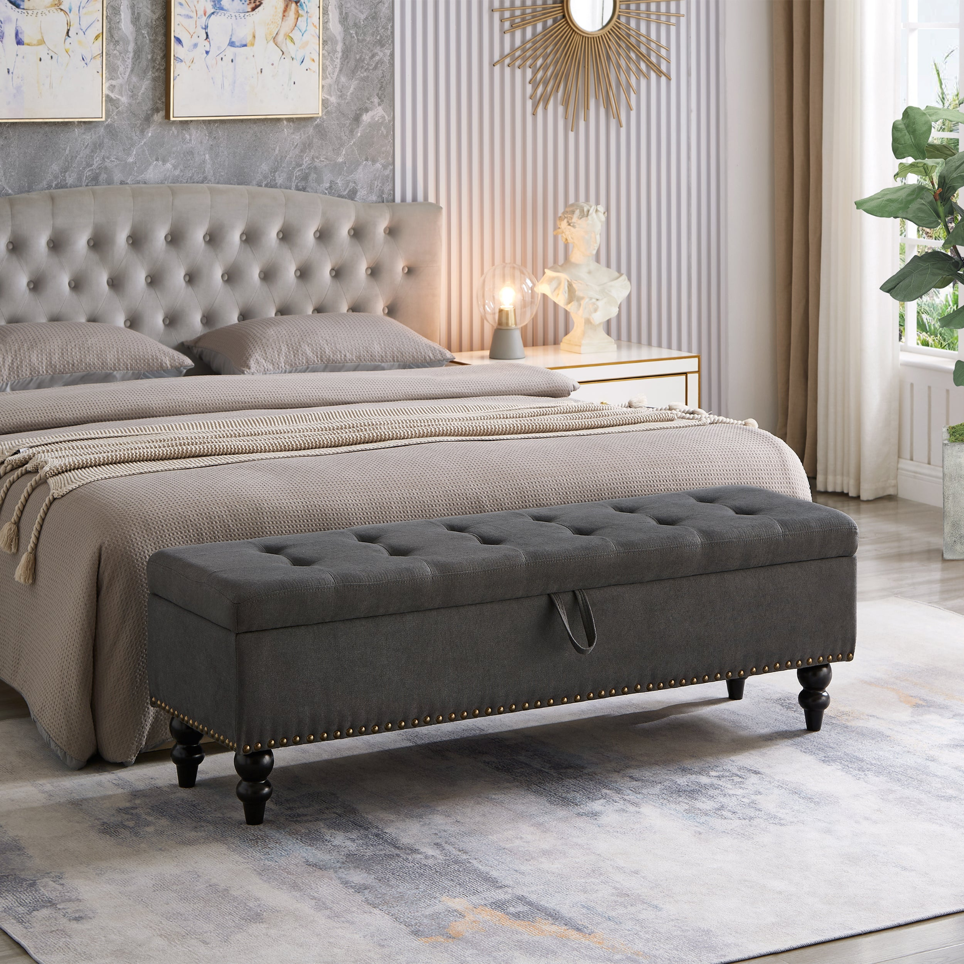 [product_type] | 59" Bed Bench with Storage Grey Fabric | casafoyer.myshopify.com