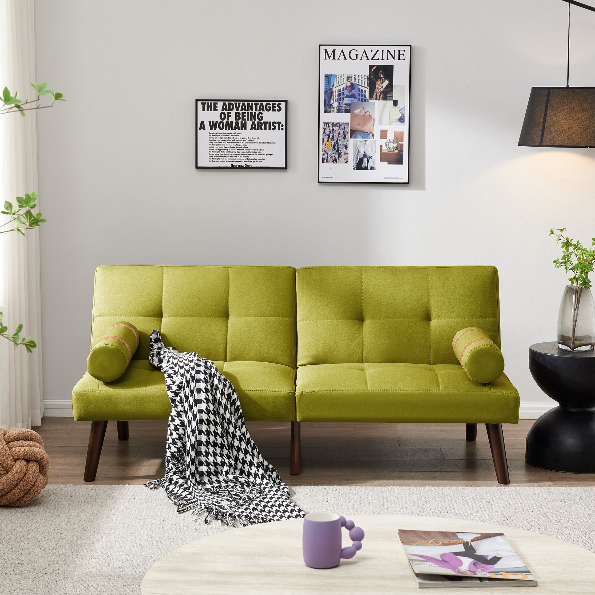 Sofa & Chair sets | Convertible Sofa Bed Futon with Solid Wood Legs Linen Fabric Musterd Green | casafoyer.myshopify.com