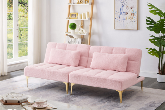 [product_type] | 71" Convertible  sofa bed futon with gold metal legs teddy fabric (Pink) | casafoyer.myshopify.com