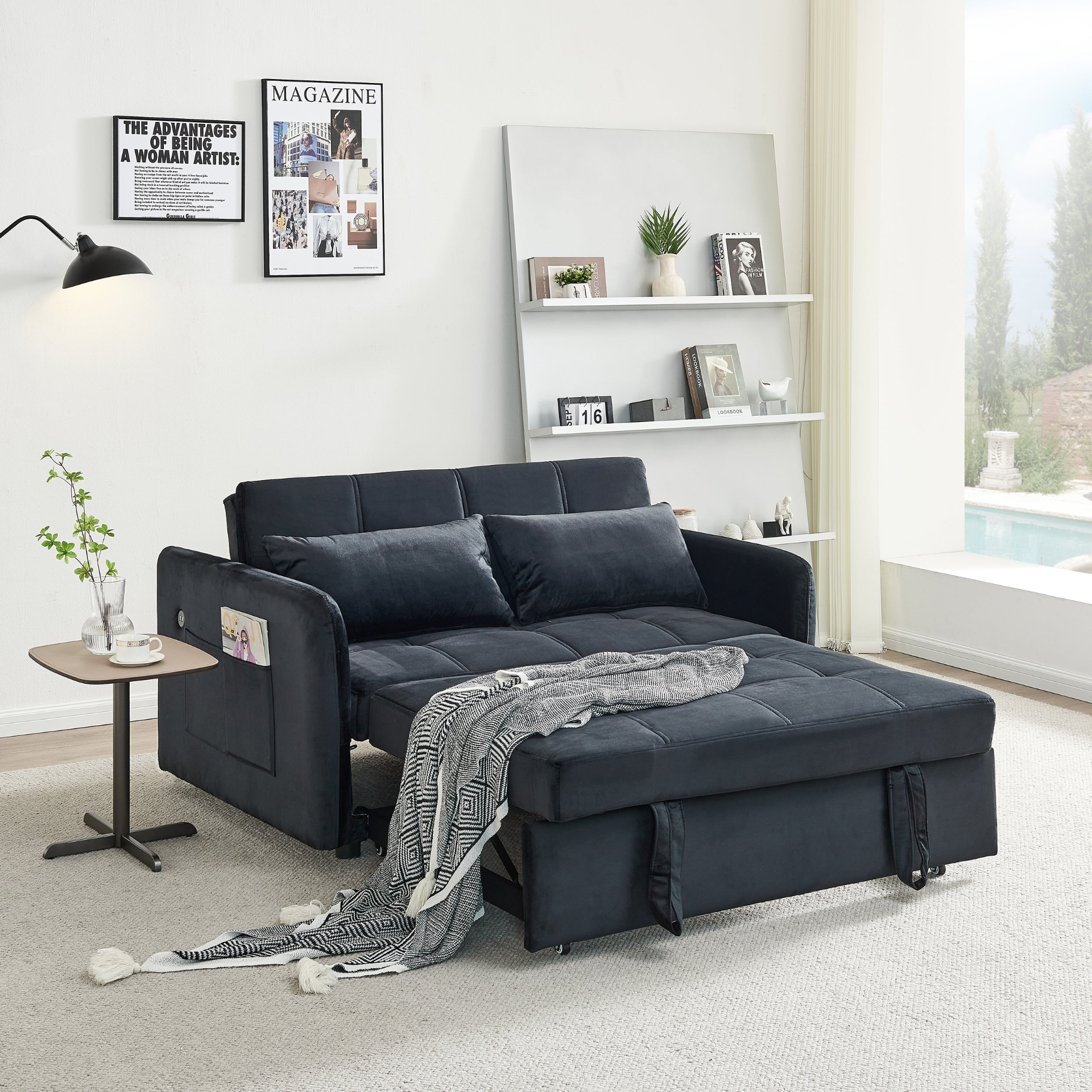 [product_type] | 55.5" Twins Pull Out Sofa Bed - Black Velvet | Comfortable and Multifunctional | casafoyer.myshopify.com