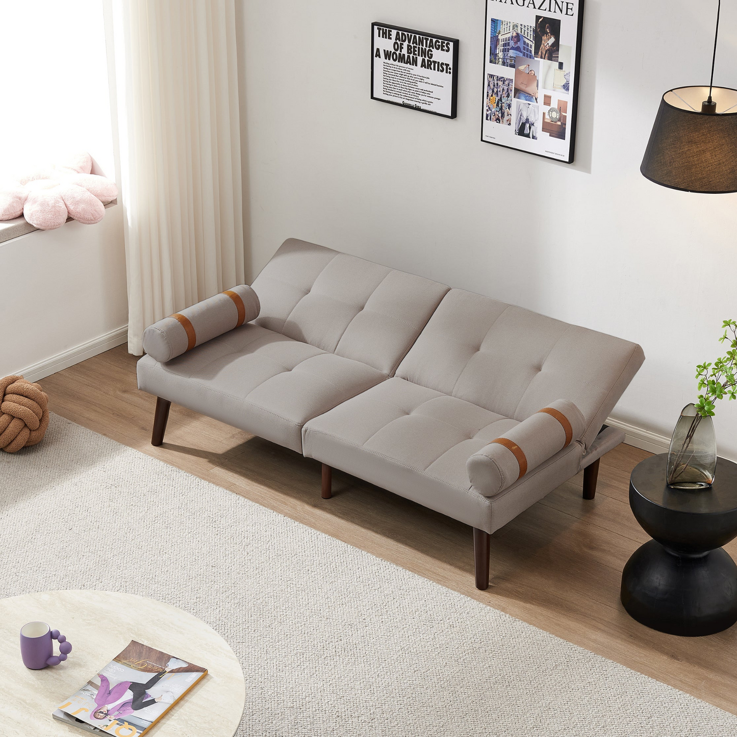 Sofa & Chair sets | Convertible Sofa Bed Futon with Solid Wood Legs Linen Fabric Light Grey | casafoyer.myshopify.com