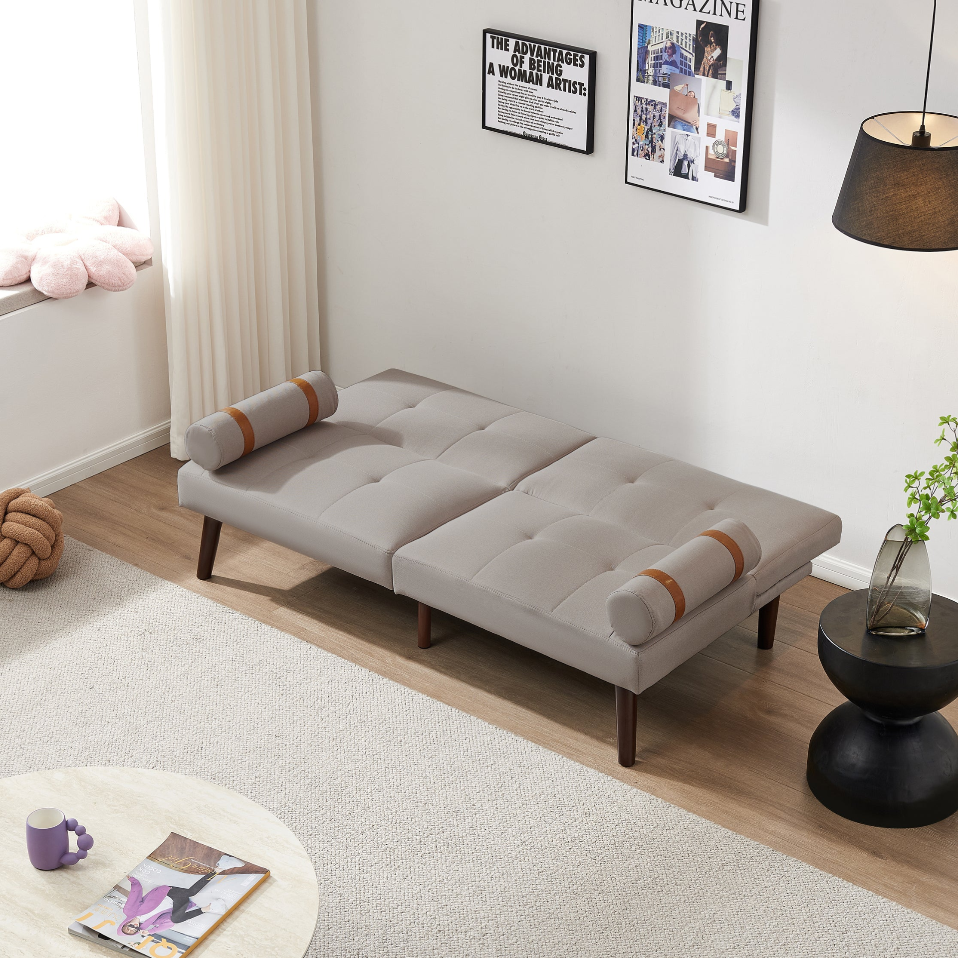 Sofa & Chair sets | Convertible Sofa Bed Futon with Solid Wood Legs Linen Fabric Light Grey | casafoyer.myshopify.com