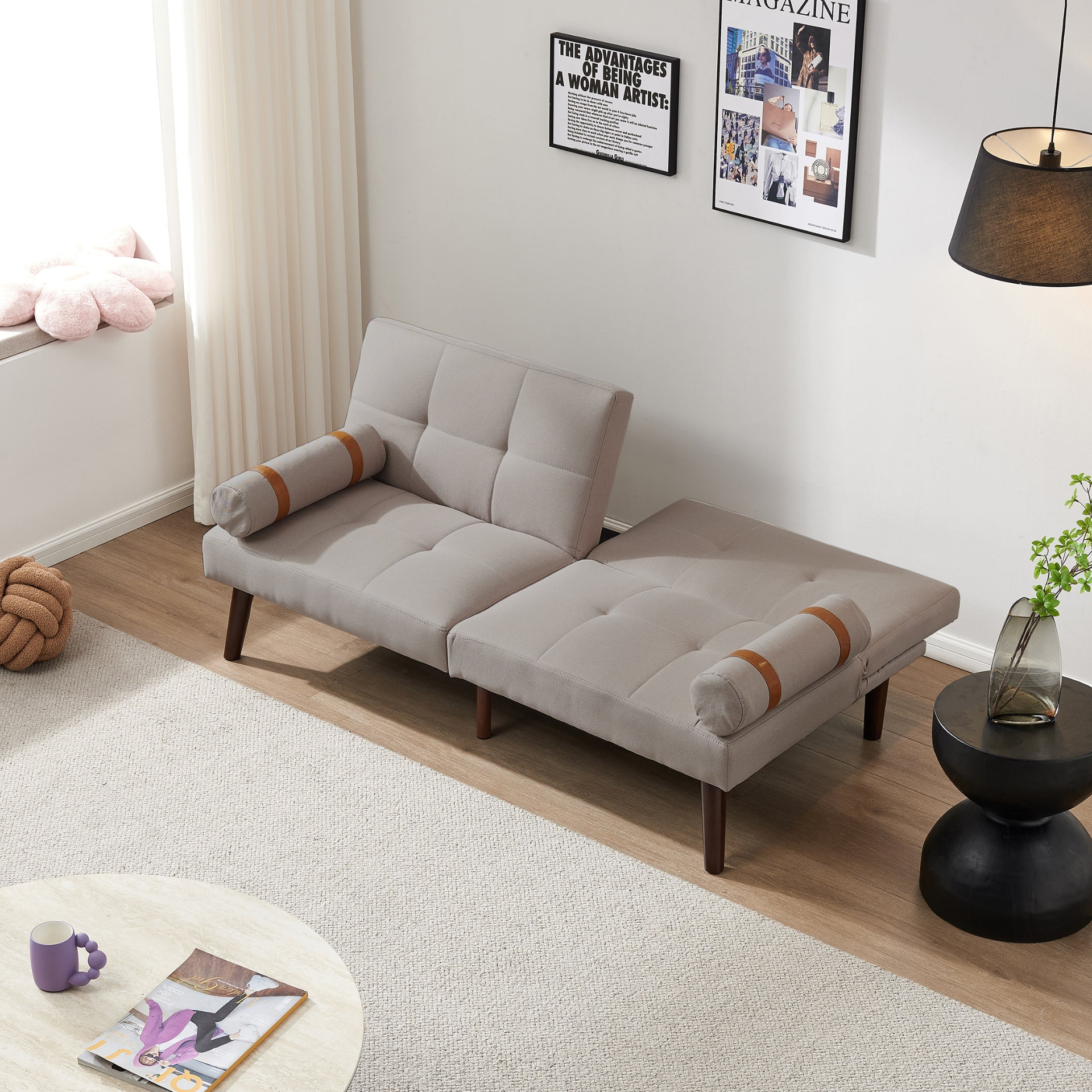 Sofa & Chair sets | Convertible Sofa Bed Futon with Solid Wood Legs Linen Fabric Light Grey | casafoyer.myshopify.com