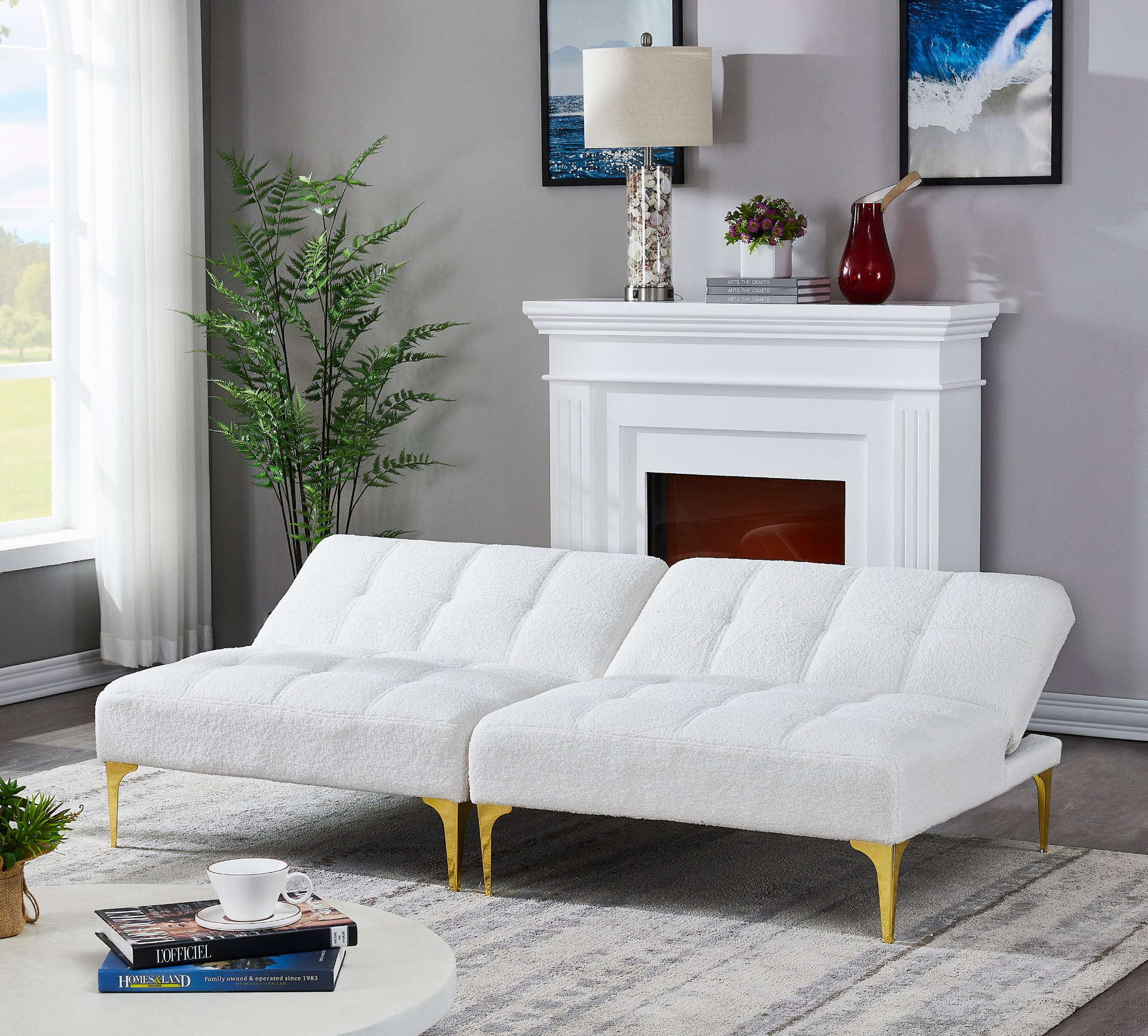 Sofa & Chair sets | Convertible sofa bed futon with gold metal legs teddy fabric (White) | casafoyer.myshopify.com