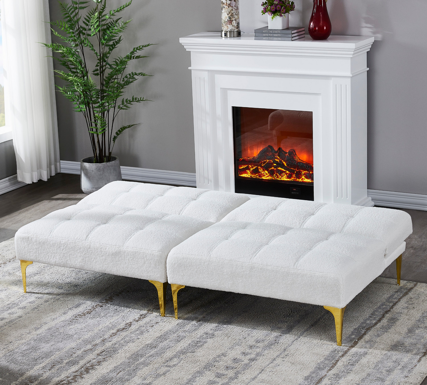 Sofa & Chair sets | Convertible sofa bed futon with gold metal legs teddy fabric (White) | casafoyer.myshopify.com