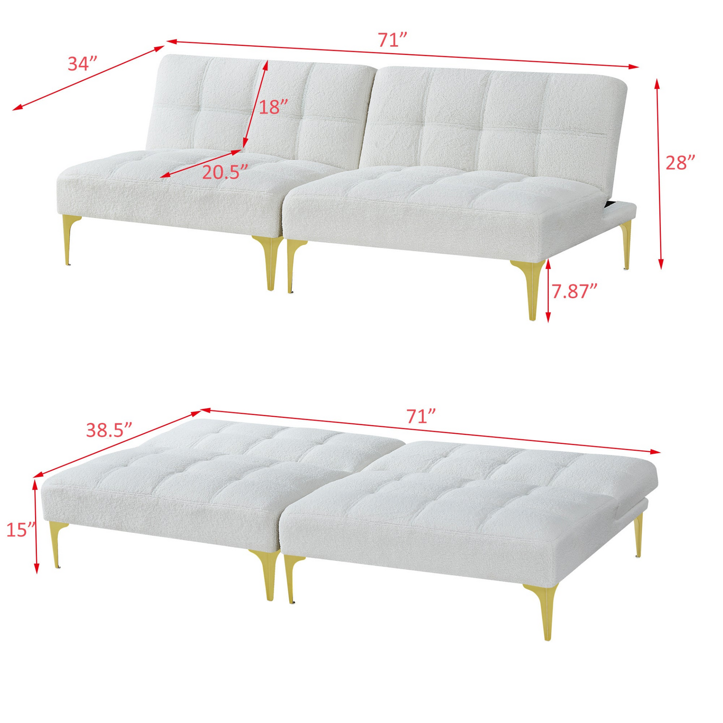 Sofa & Chair sets | Convertible sofa bed futon with gold metal legs teddy fabric (White) | casafoyer.myshopify.com