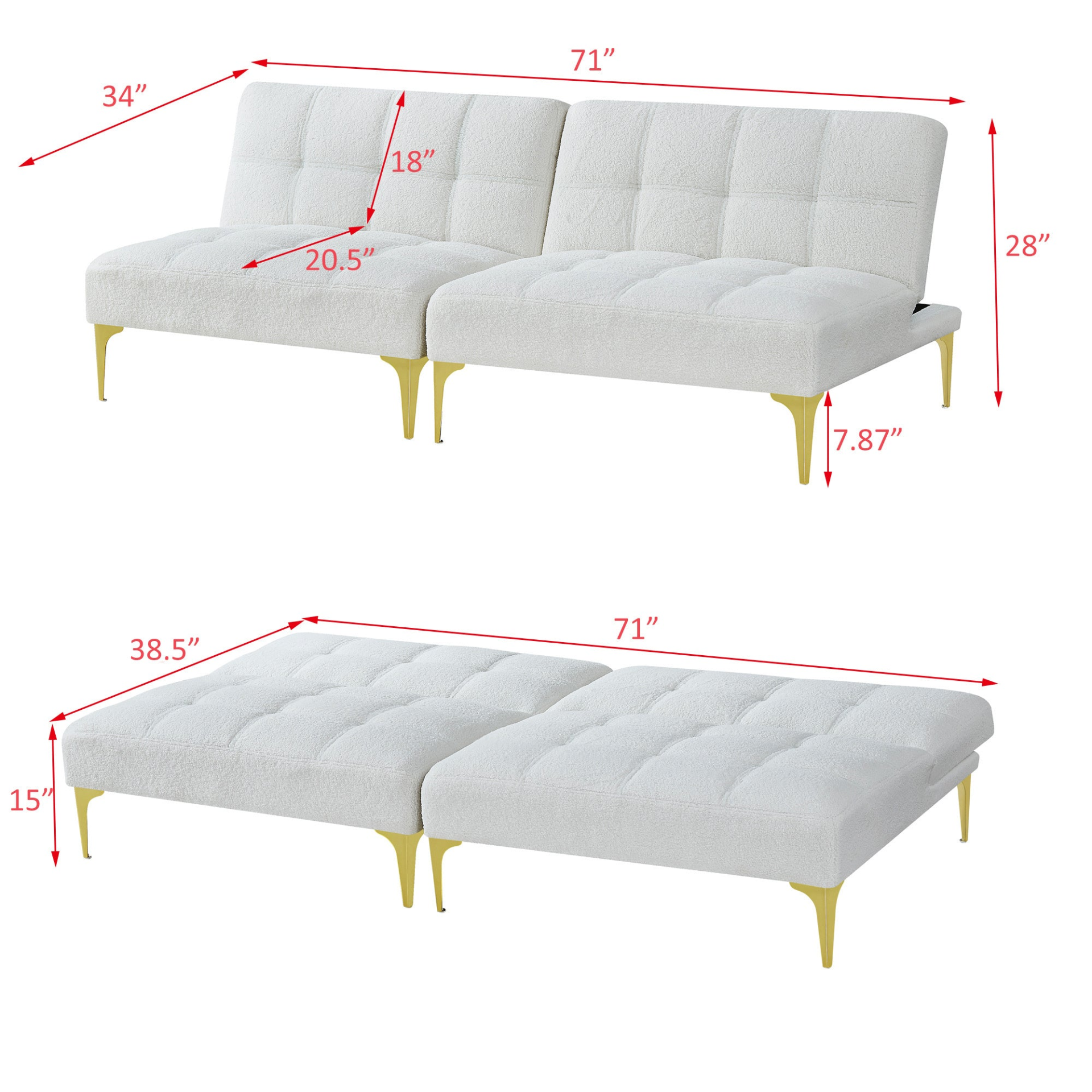 Sofa & Chair sets | Convertible sofa bed futon with gold metal legs teddy fabric (White) | casafoyer.myshopify.com