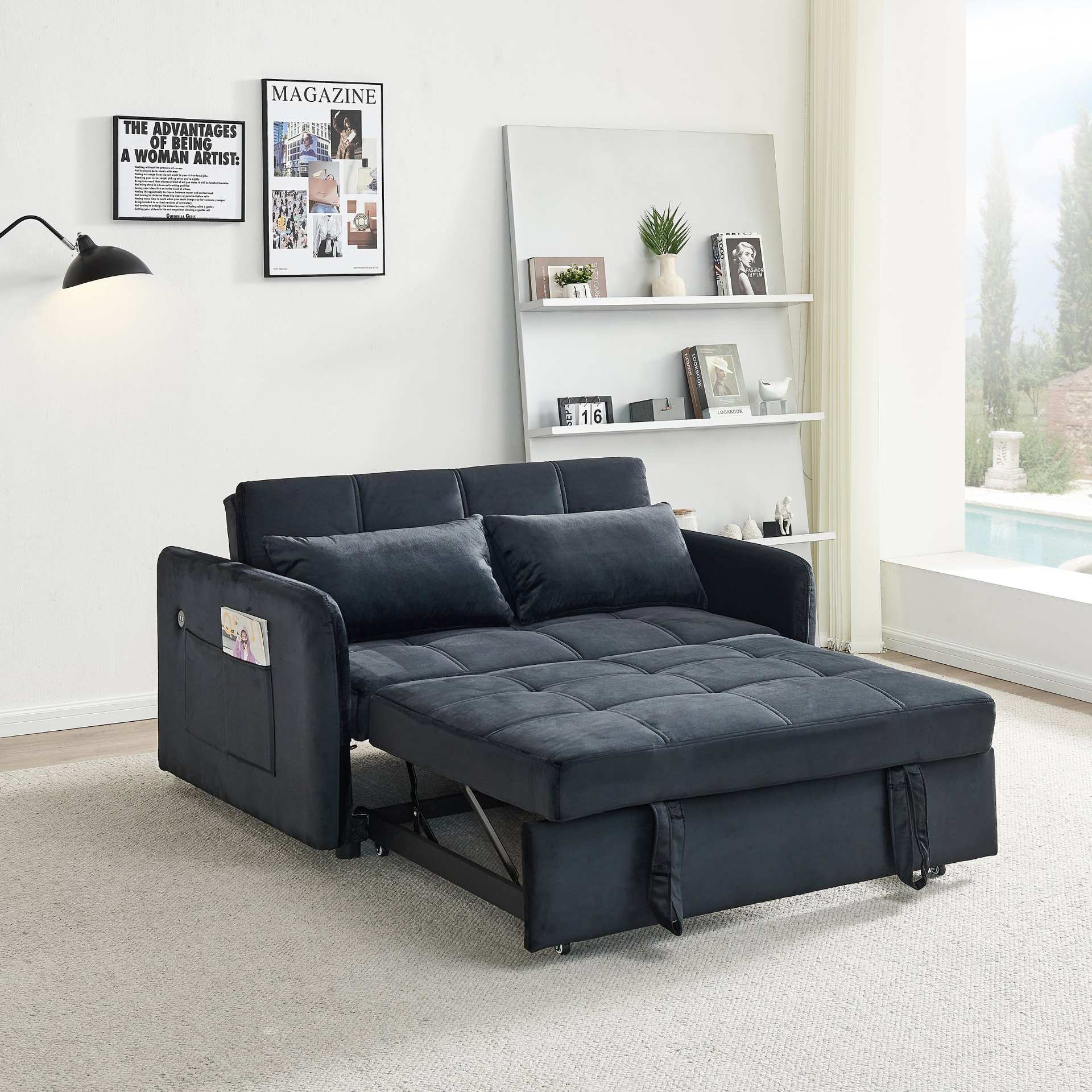 [product_type] | 55.5" Twins Pull Out Sofa Bed - Black Velvet | Comfortable and Multifunctional | casafoyer.myshopify.com