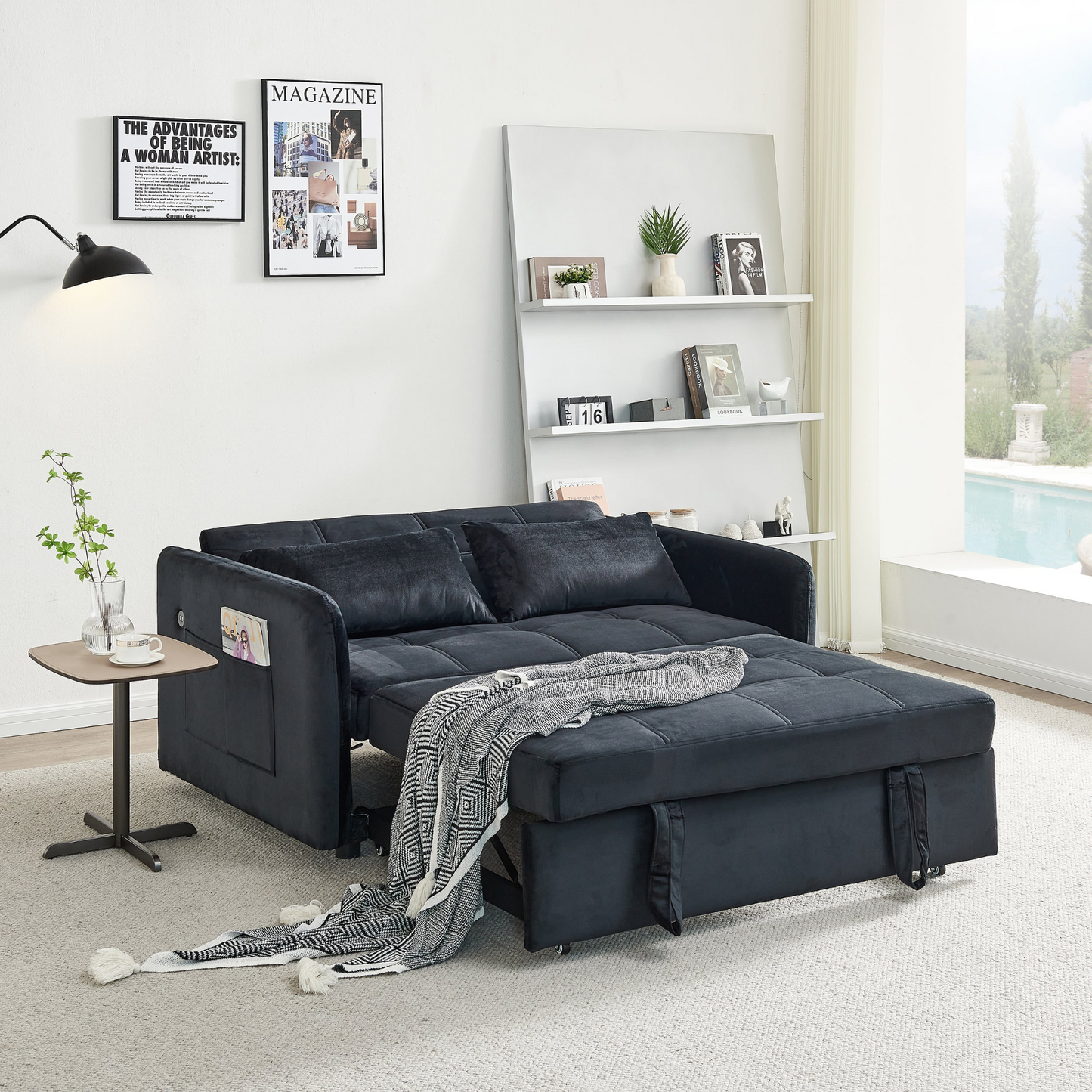 [product_type] | 55.5" Twins Pull Out Sofa Bed - Black Velvet | Comfortable and Multifunctional | casafoyer.myshopify.com