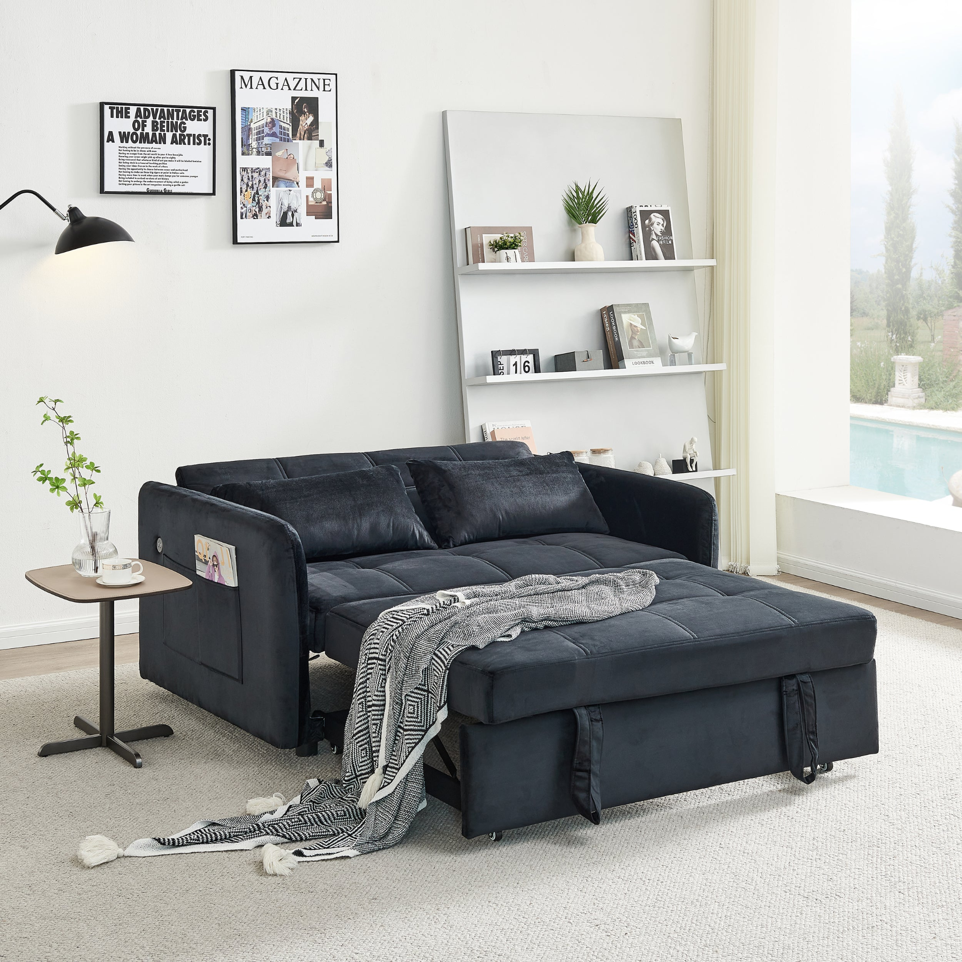 [product_type] | 55.5" Twins Pull Out Sofa Bed - Black Velvet | Comfortable and Multifunctional | casafoyer.myshopify.com