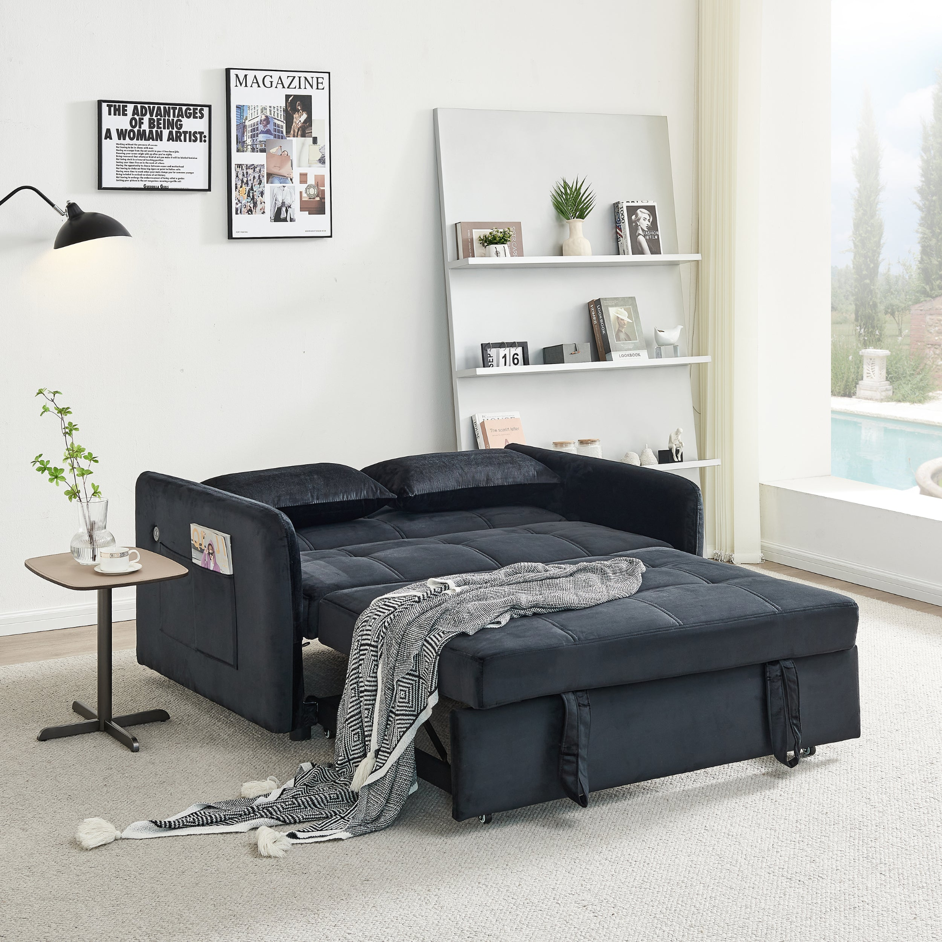 [product_type] | 55.5" Twins Pull Out Sofa Bed - Black Velvet | Comfortable and Multifunctional | casafoyer.myshopify.com