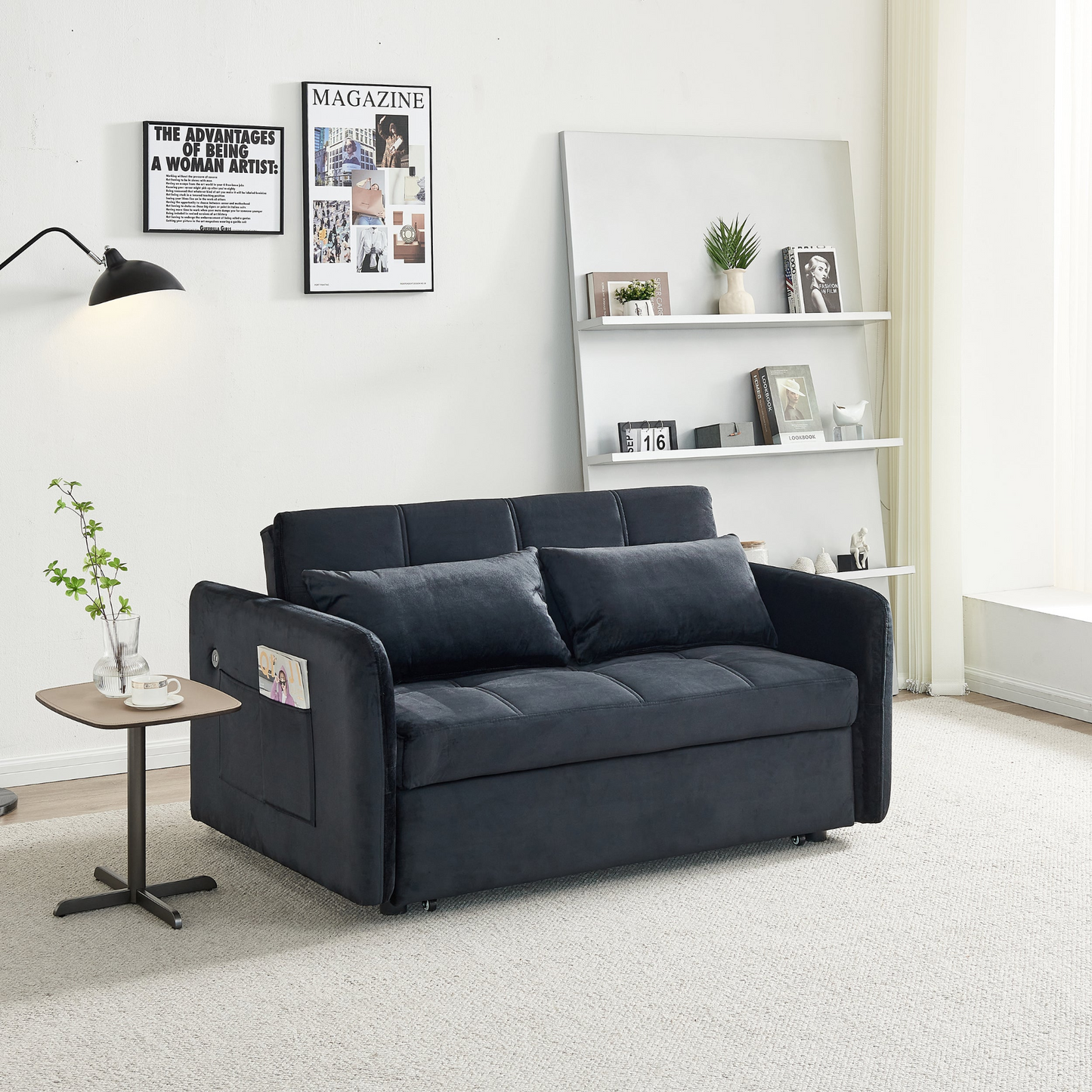 [product_type] | 55.5" Twins Pull Out Sofa Bed - Black Velvet | Comfortable and Multifunctional | casafoyer.myshopify.com