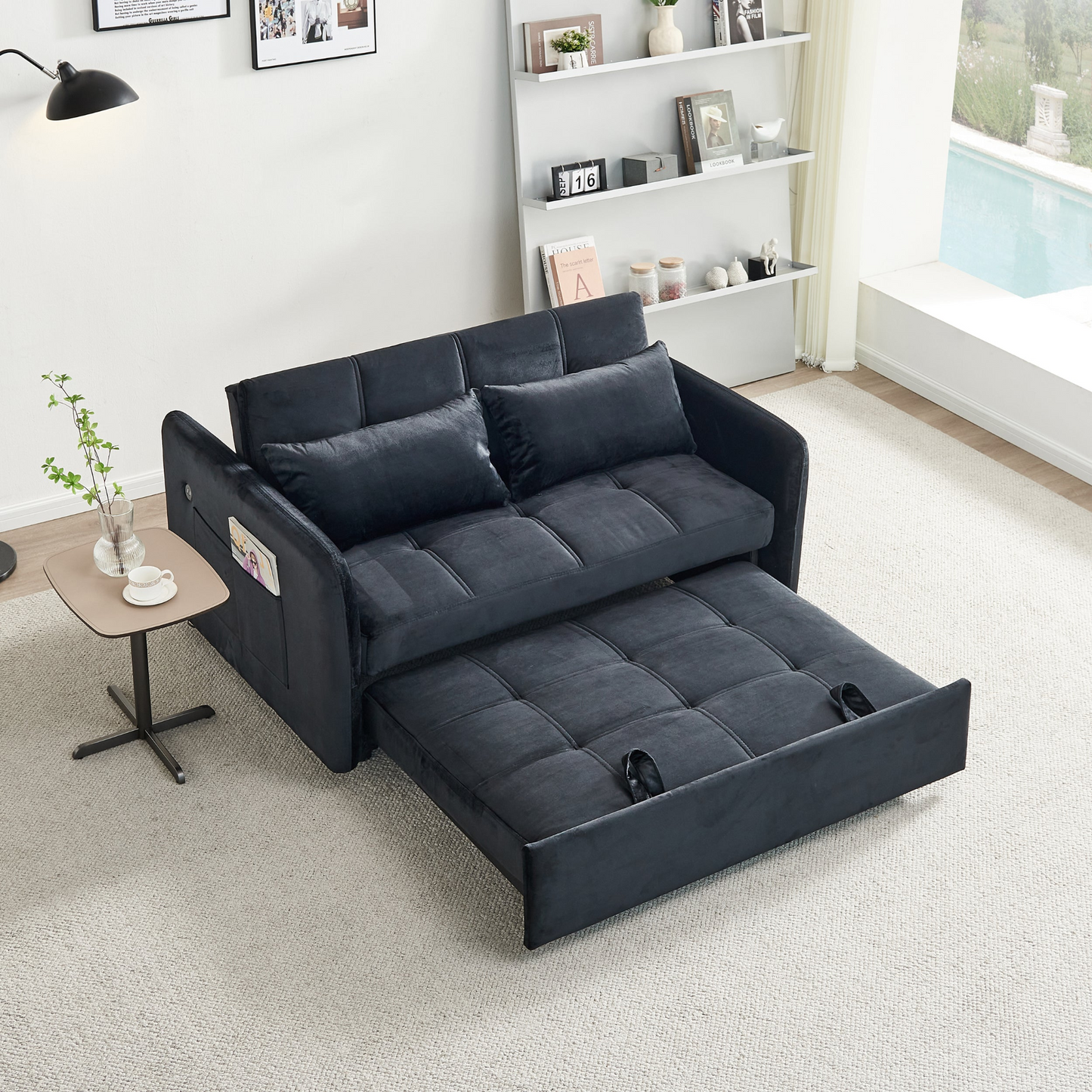 [product_type] | 55.5" Twins Pull Out Sofa Bed - Black Velvet | Comfortable and Multifunctional | casafoyer.myshopify.com