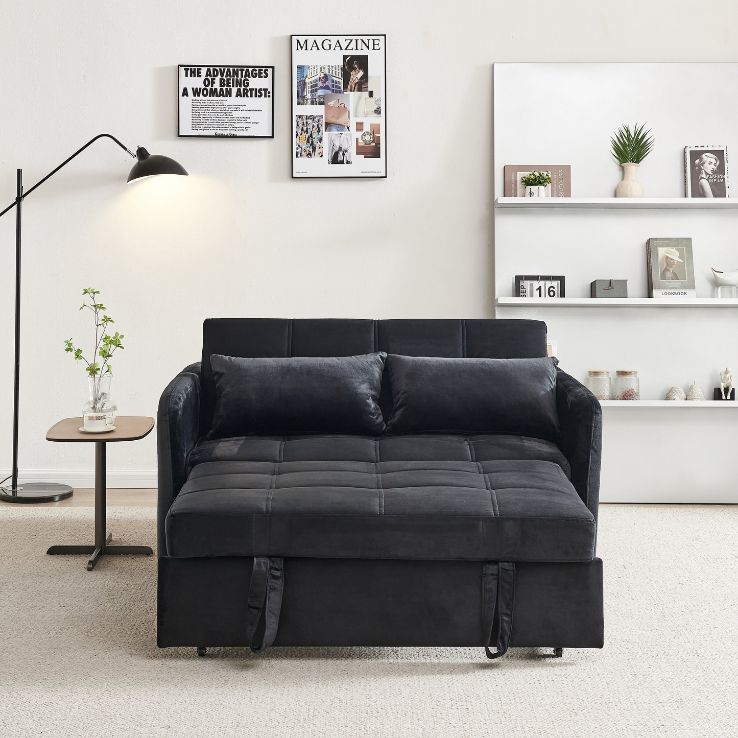 [product_type] | 55.5" Twins Pull Out Sofa Bed - Black Velvet | Comfortable and Multifunctional | casafoyer.myshopify.com