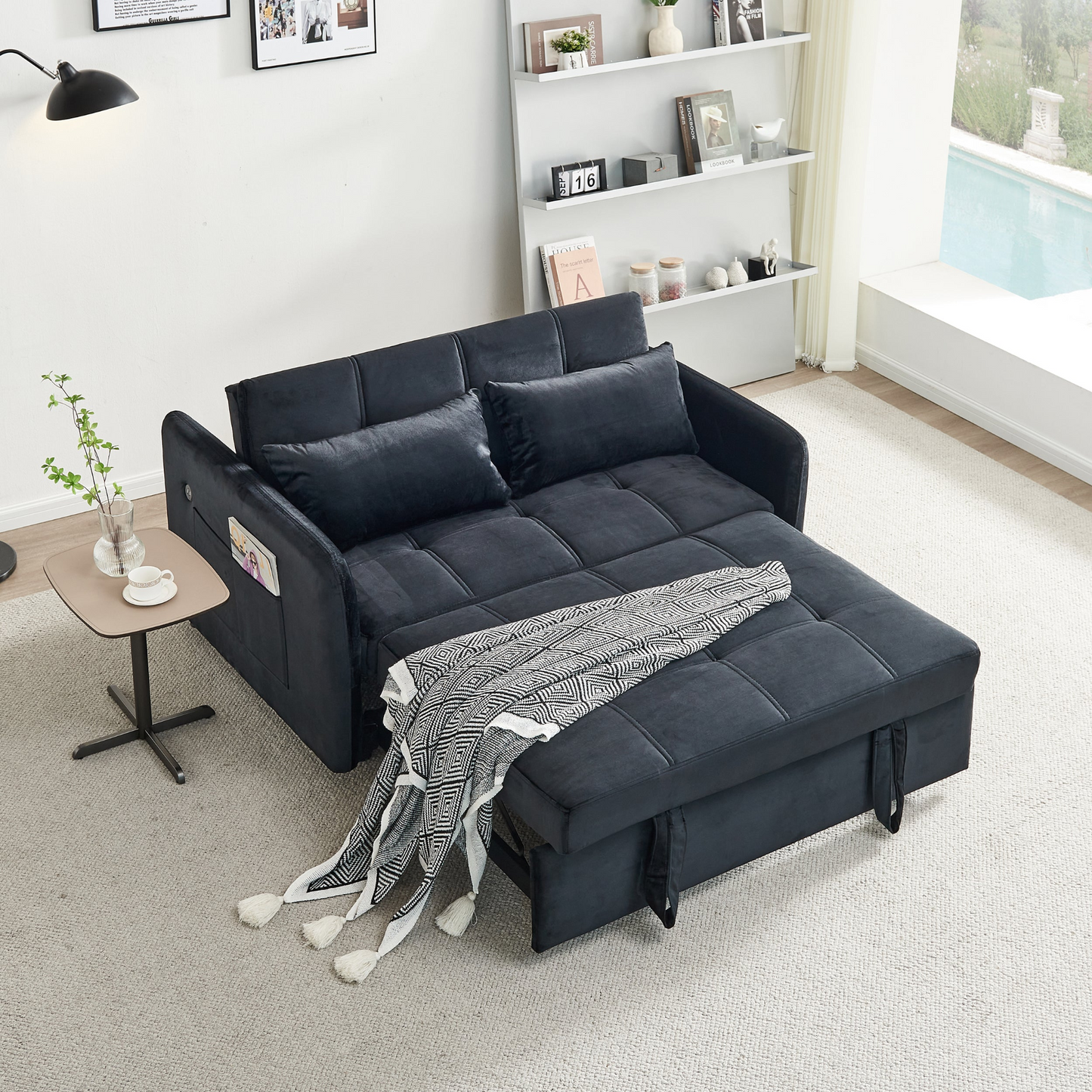 [product_type] | 55.5" Twins Pull Out Sofa Bed - Black Velvet | Comfortable and Multifunctional | casafoyer.myshopify.com