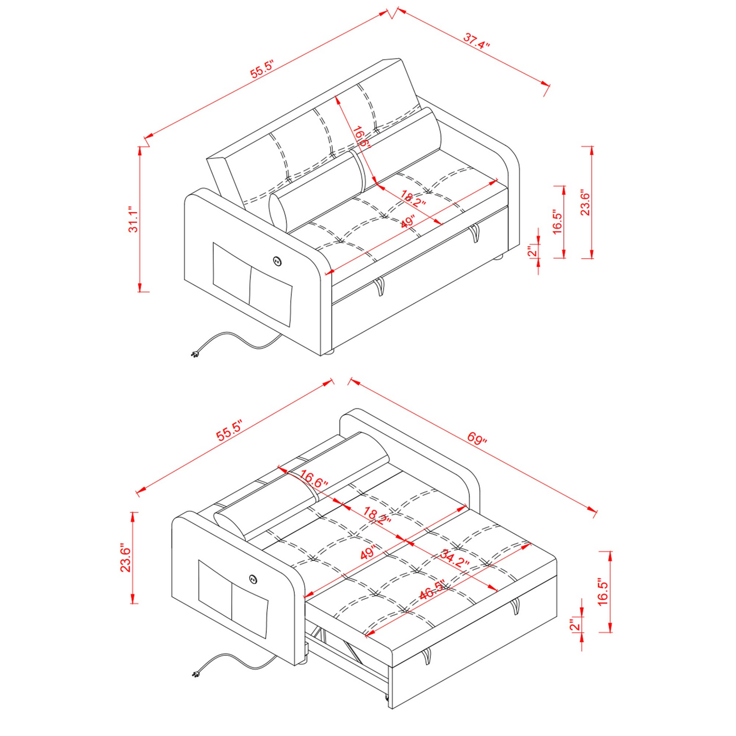 [product_type] | 55.5" Twins Pull Out Sofa Bed - Black Velvet | Comfortable and Multifunctional | casafoyer.myshopify.com