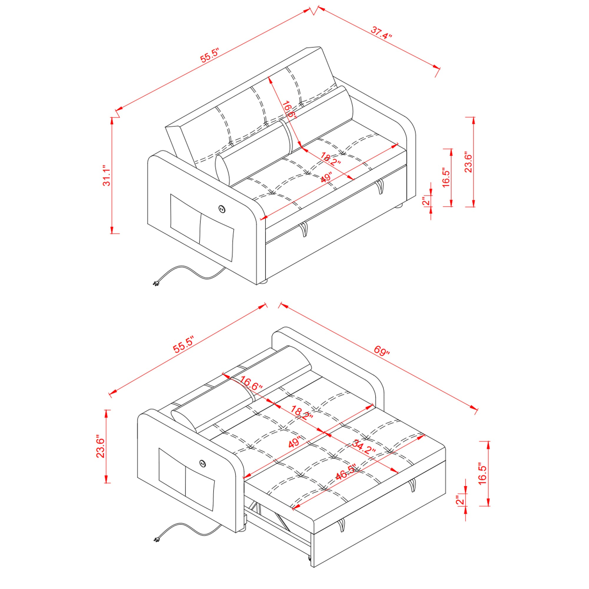 [product_type] | 55.5" Twins Pull Out Sofa Bed - Black Velvet | Comfortable and Multifunctional | casafoyer.myshopify.com