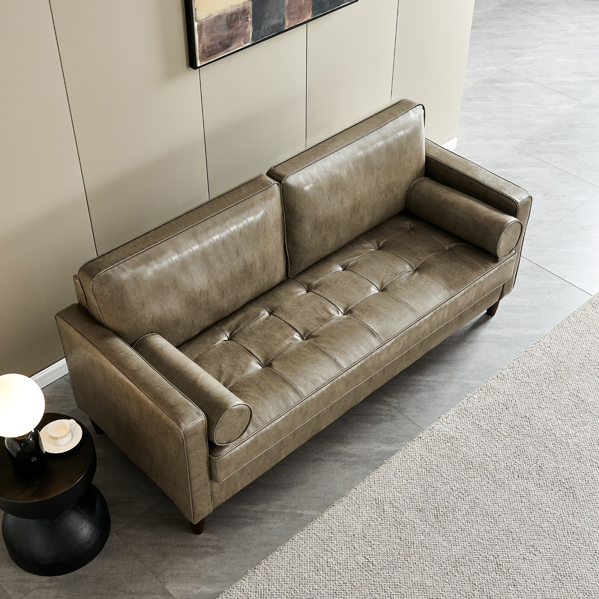 Sofa & Chair sets | Modern Mid-Century Vegan Leather Sofa (Khaki) | casafoyer.myshopify.com