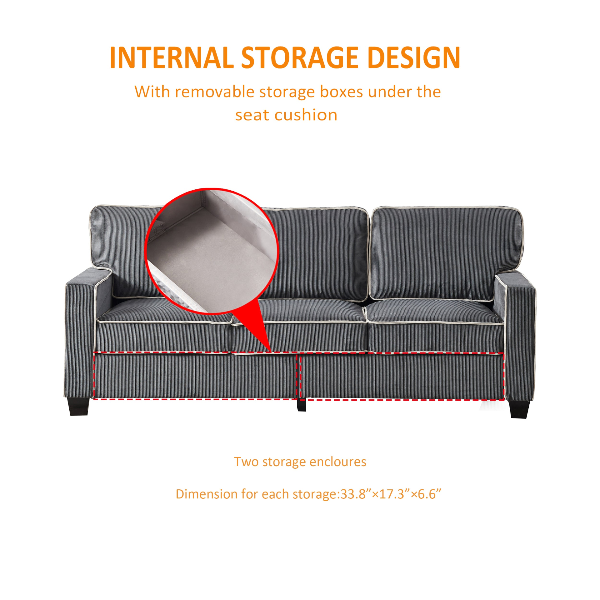 Sofa & Chair sets | Living Room Sofa with Storage Dark Grey Corduroy | casafoyer.myshopify.com