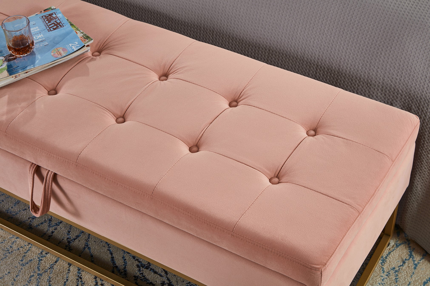 Sofa & Chair sets | Bed Bench Metal Base with Storage Pink Velvet | casafoyer.myshopify.com