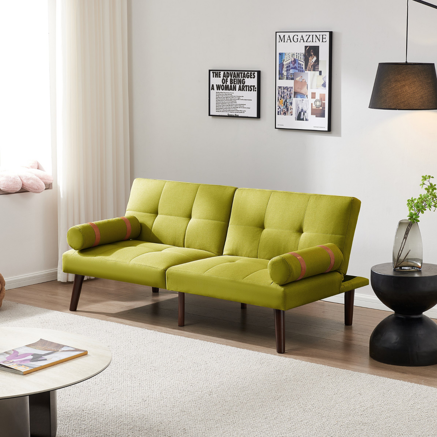 Sofa & Chair sets | Convertible Sofa Bed Futon with Solid Wood Legs Linen Fabric Musterd Green | casafoyer.myshopify.com