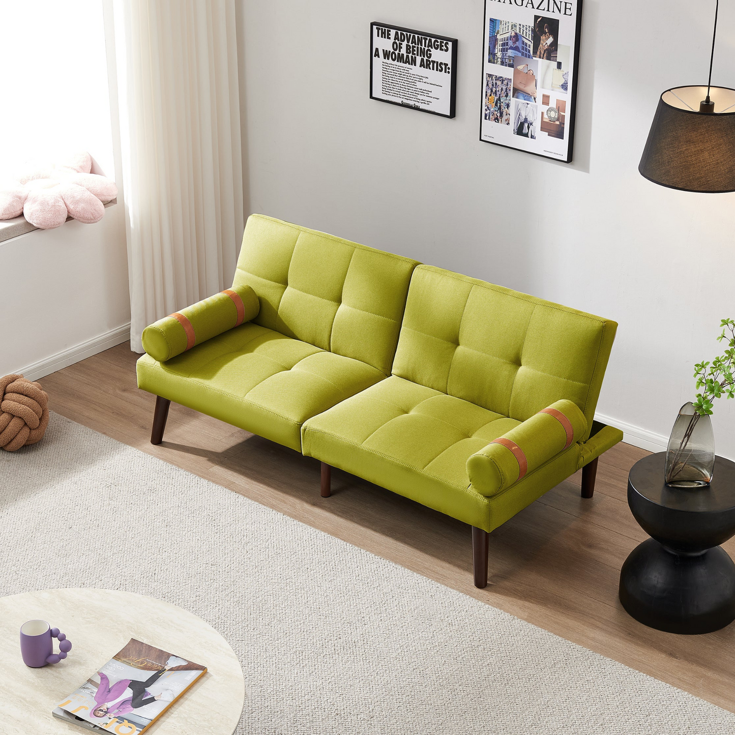 Sofa & Chair sets | Convertible Sofa Bed Futon with Solid Wood Legs Linen Fabric Musterd Green | casafoyer.myshopify.com