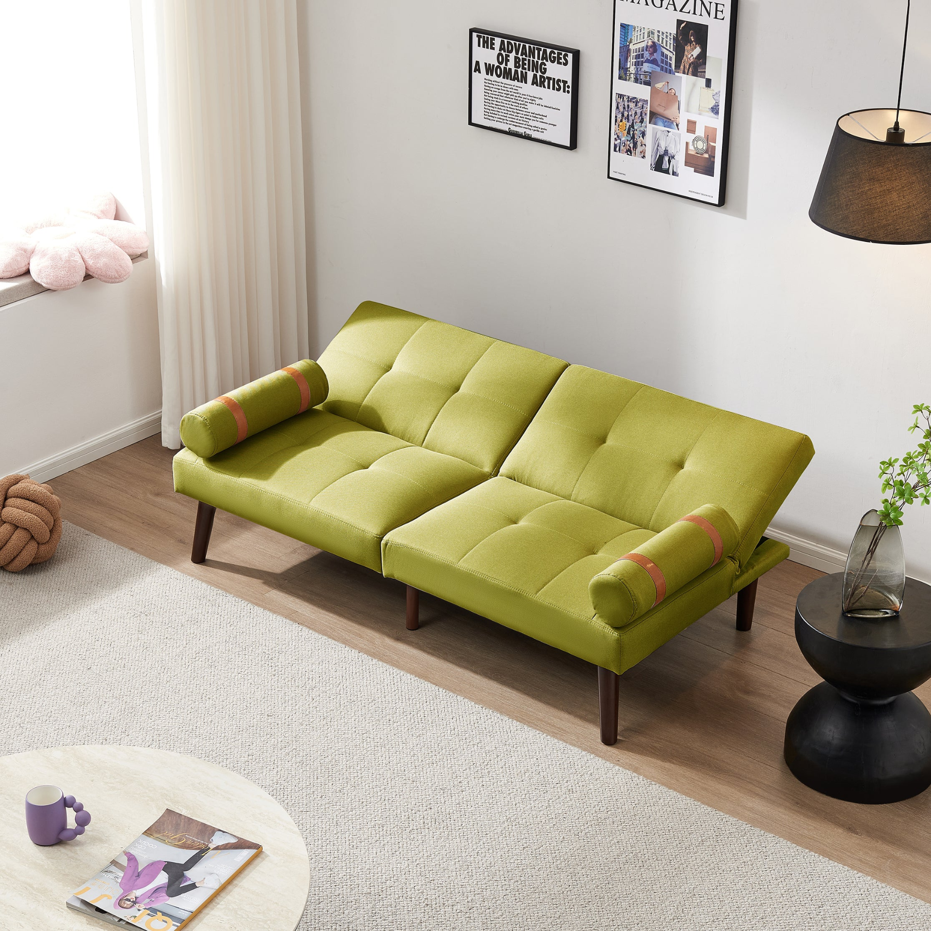 Sofa & Chair sets | Convertible Sofa Bed Futon with Solid Wood Legs Linen Fabric Musterd Green | casafoyer.myshopify.com