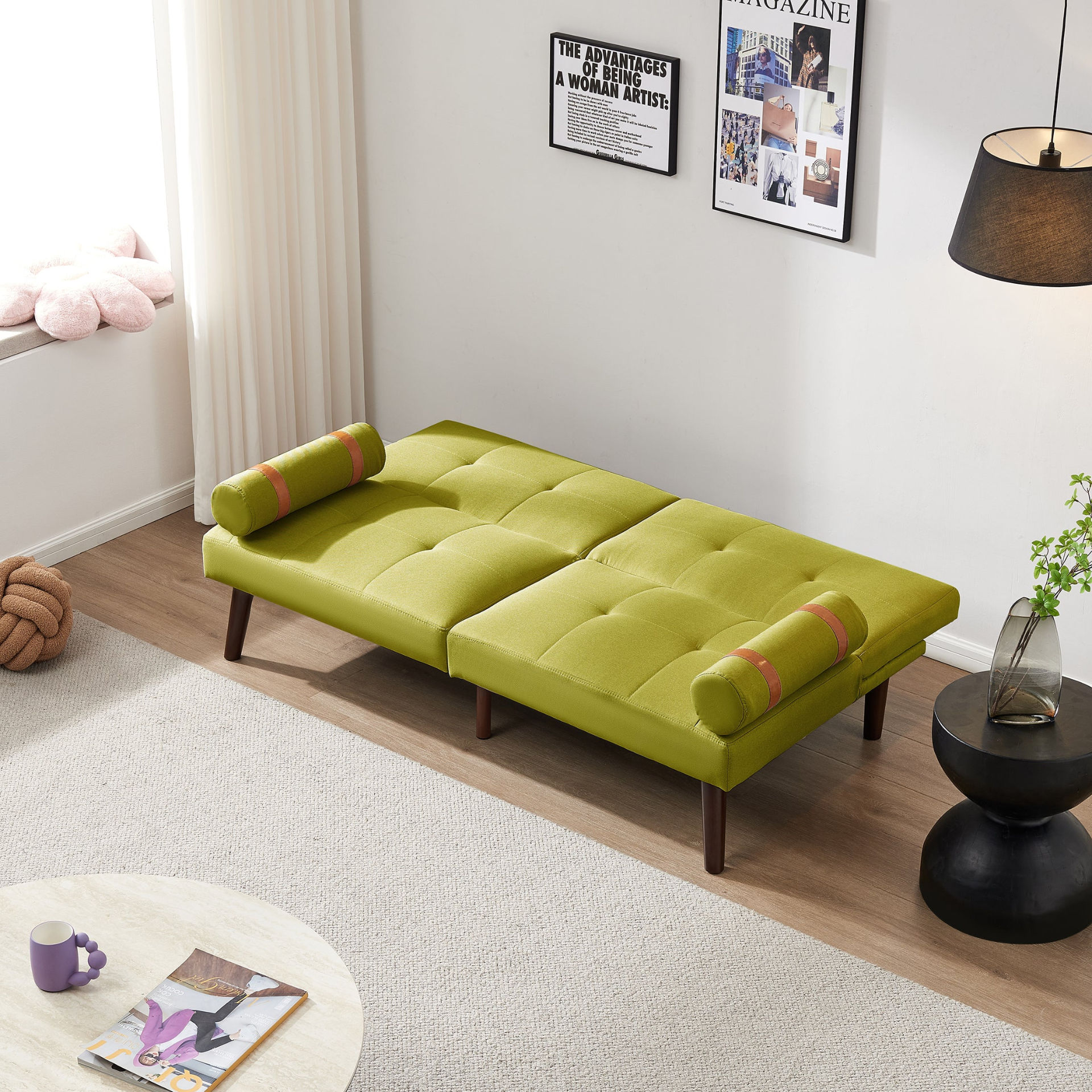 Sofa & Chair sets | Convertible Sofa Bed Futon with Solid Wood Legs Linen Fabric Musterd Green | casafoyer.myshopify.com