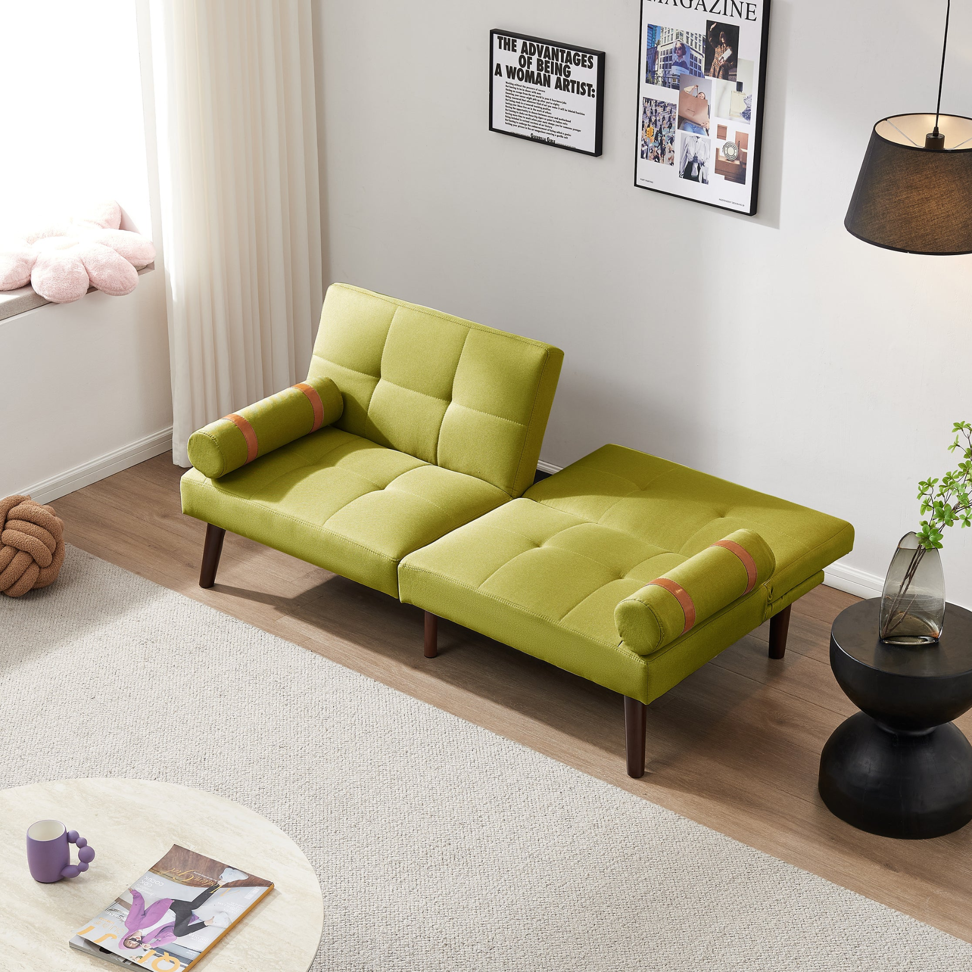 Sofa & Chair sets | Convertible Sofa Bed Futon with Solid Wood Legs Linen Fabric Musterd Green | casafoyer.myshopify.com