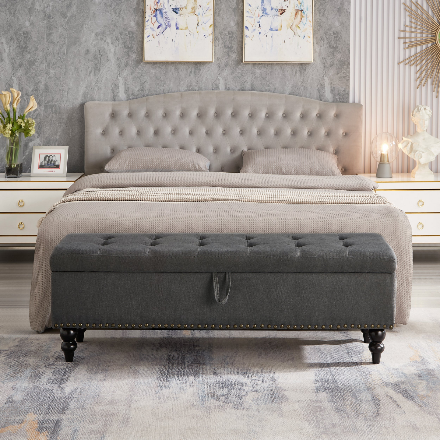 [product_type] | 59" Bed Bench with Storage Grey Fabric | casafoyer.myshopify.com