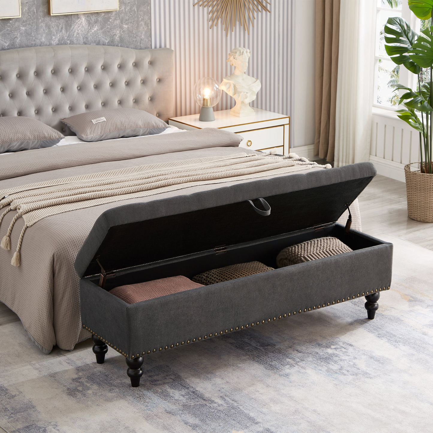 [product_type] | 59" Bed Bench with Storage Grey Fabric | casafoyer.myshopify.com