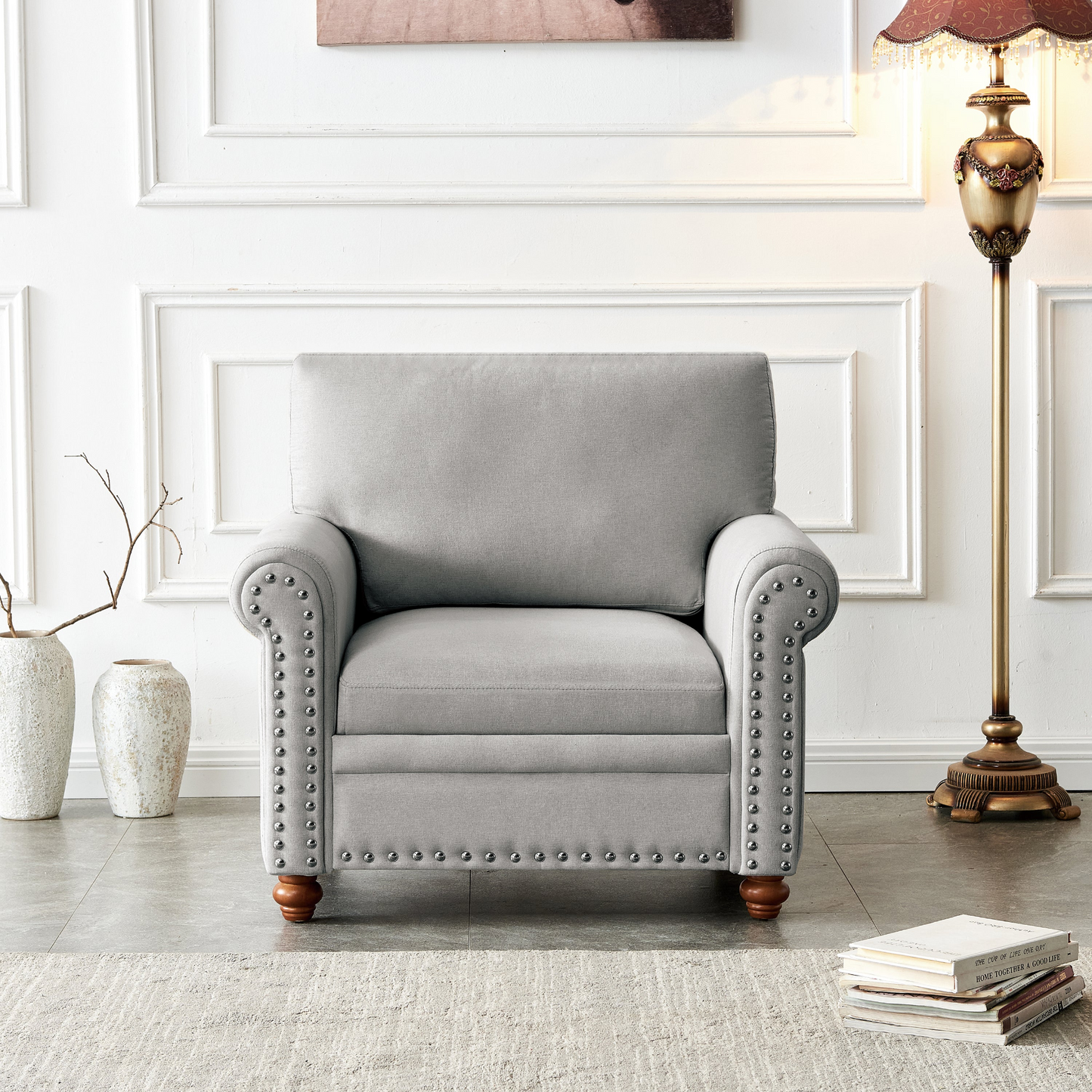 Sofa & Chair sets | Living Room Sofa Single Seat Chair with Wood Leg Grey Fabric | casafoyer.myshopify.com