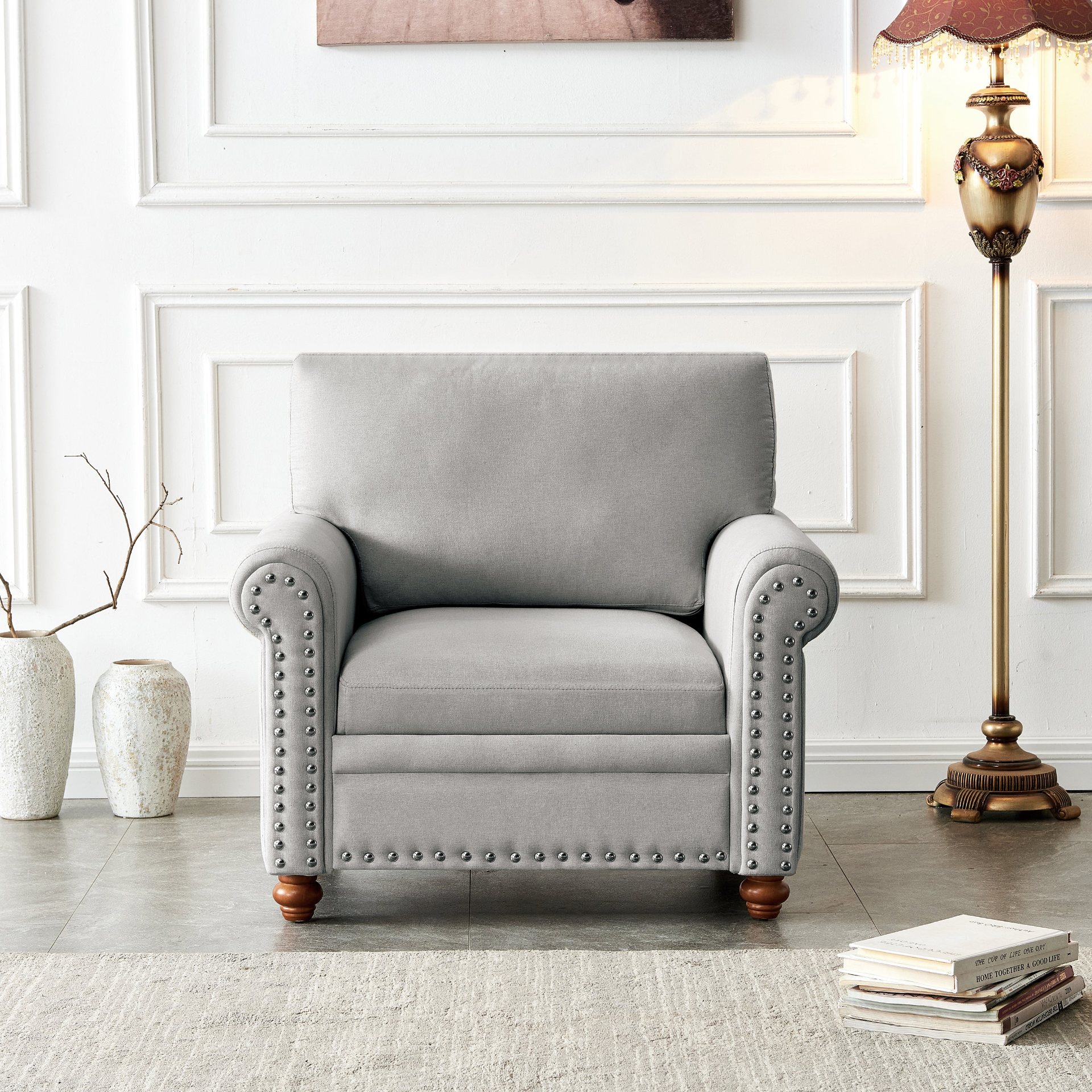 Sofa & Chair sets | Living Room Sofa Single Seat Chair with Wood Leg Grey Fabric | casafoyer.myshopify.com