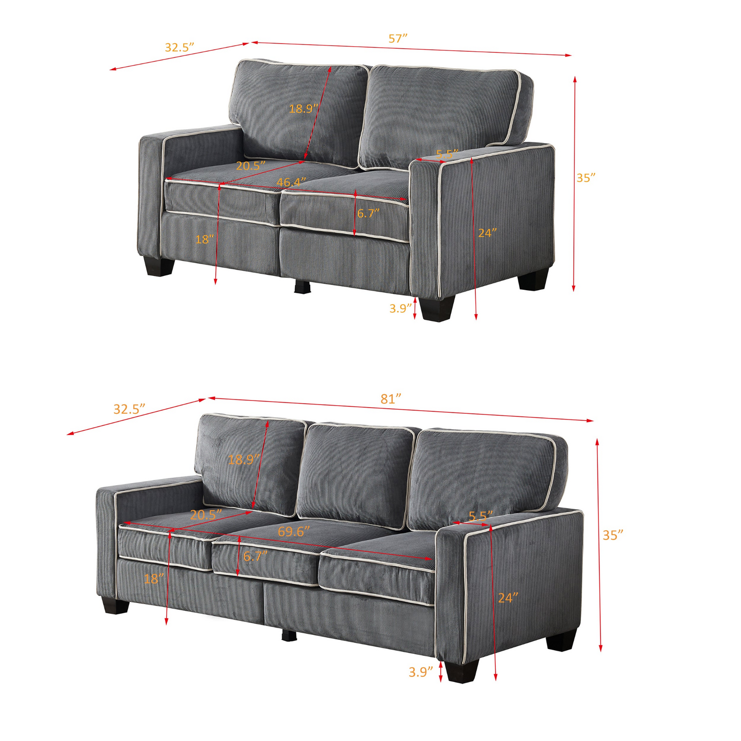 Sofa & Chair sets | Living Room Sofa set 2+3 seat Dark Grey Corduroy | casafoyer.myshopify.com