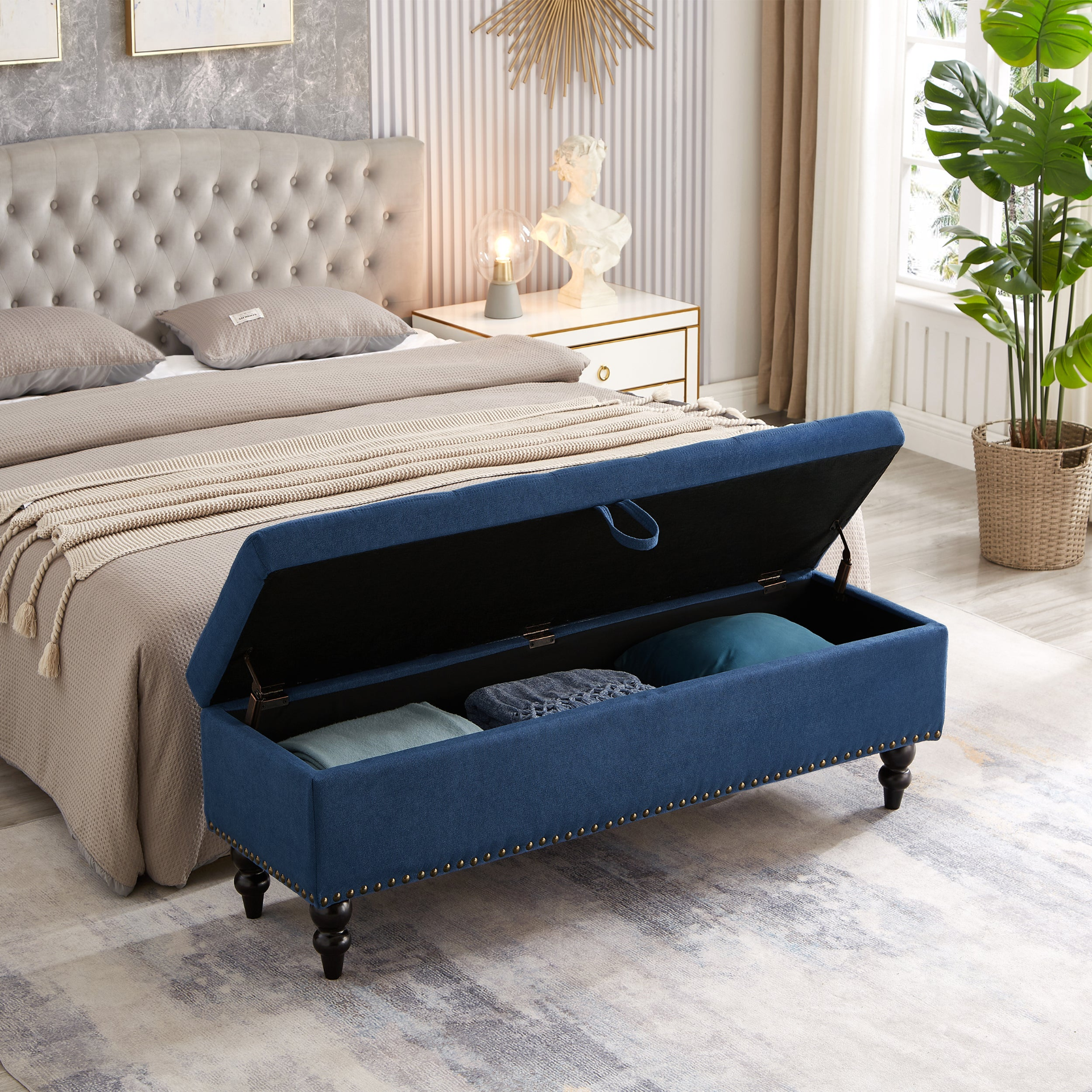 [product_type] | 59" Bed Bench with Storage - Blue Fabric | Stylish and Functional | casafoyer.myshopify.com