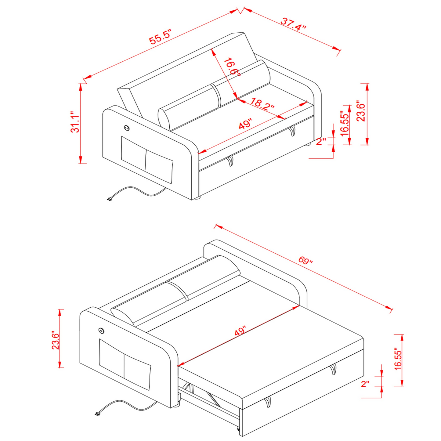 Sofa & Chair sets | Twins Sofa Bed Grey Fabric - Multifunctional, Easy Assembly, Comfortable Support | casafoyer.myshopify.com