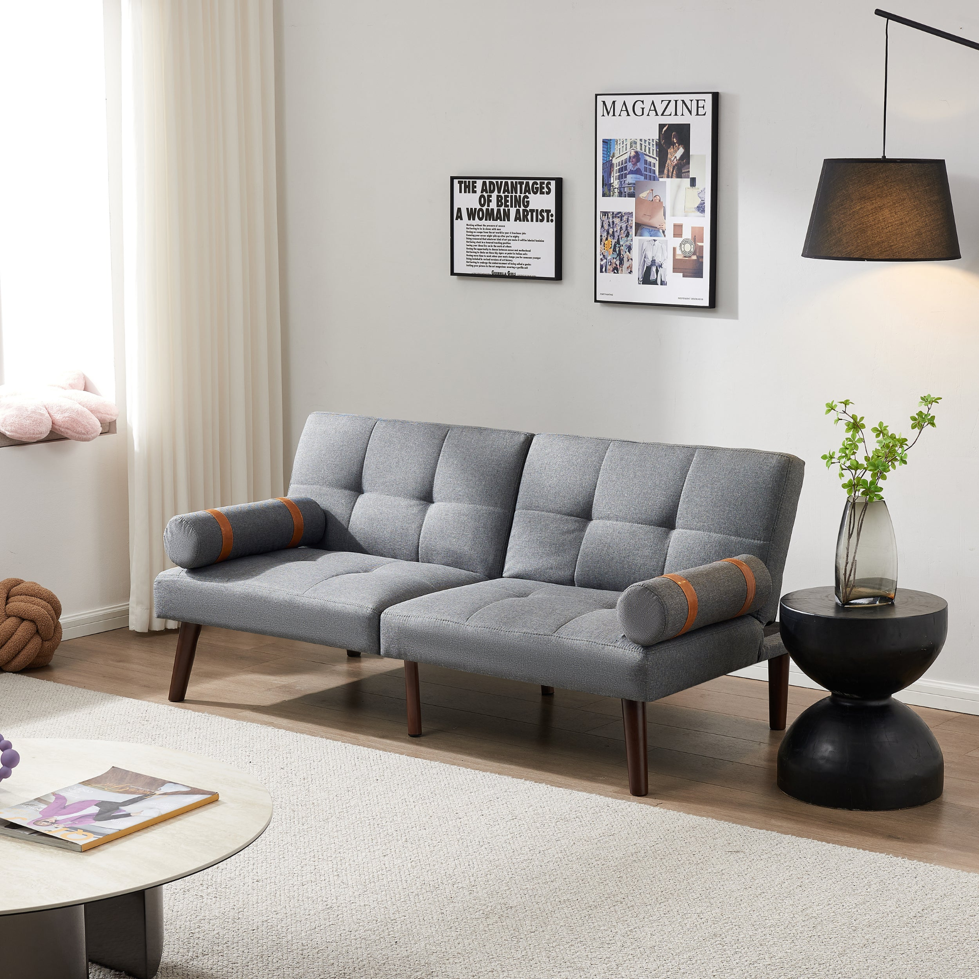 Sofa & Chair sets | Convertible Sofa Bed Futon with Solid Wood Legs Linen Fabric Grey | casafoyer.myshopify.com