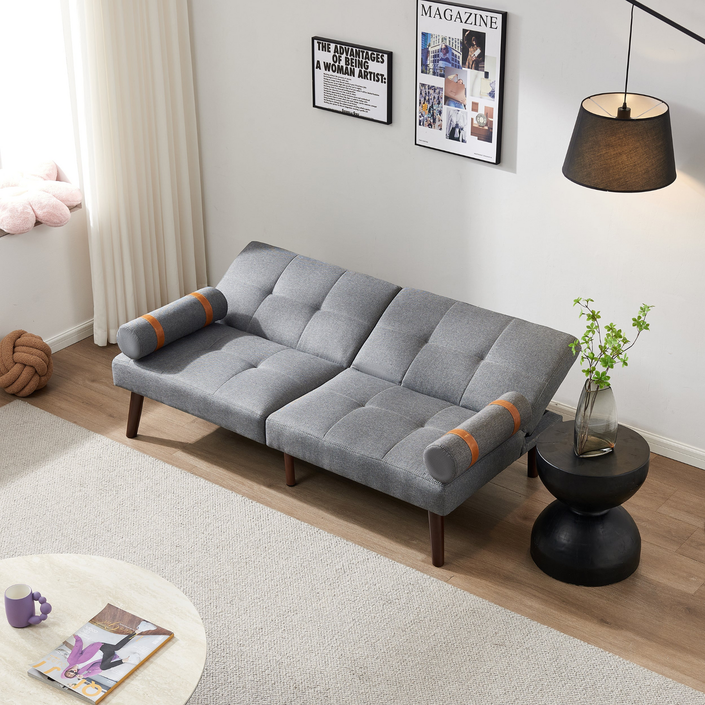 Sofa & Chair sets | Convertible Sofa Bed Futon with Solid Wood Legs Linen Fabric Grey | casafoyer.myshopify.com