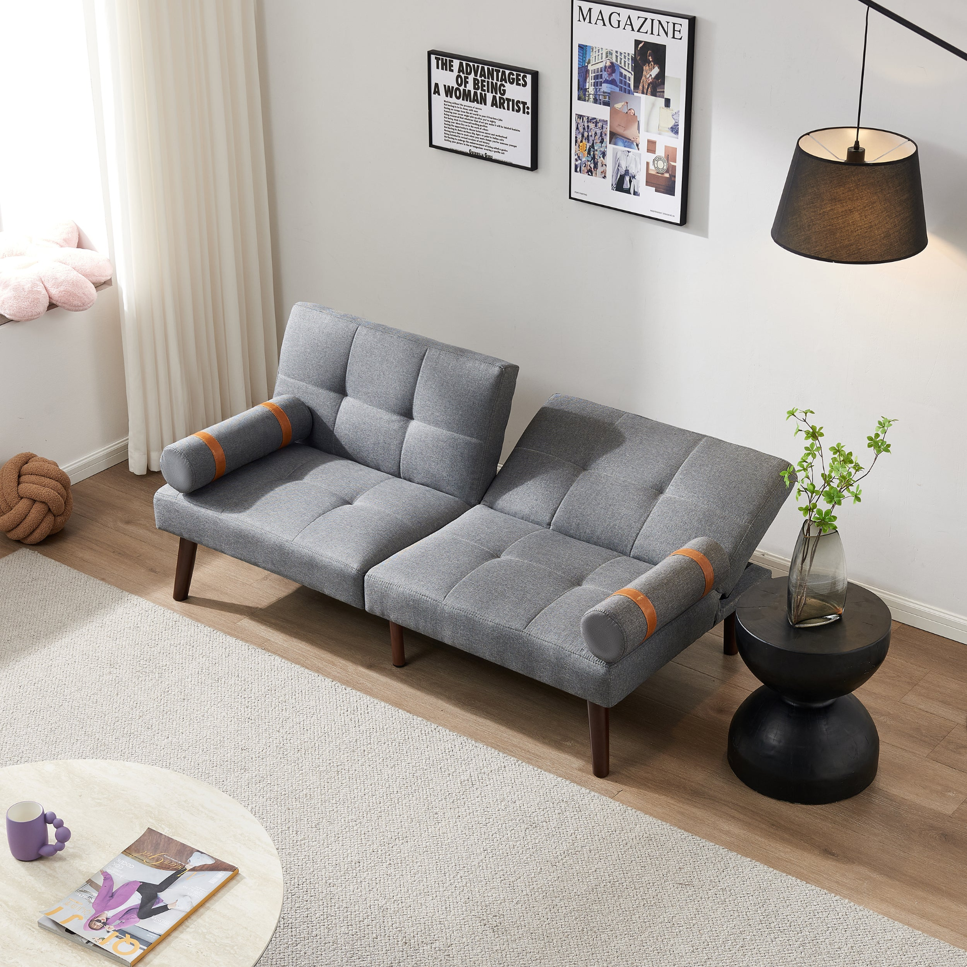 Sofa & Chair sets | Convertible Sofa Bed Futon with Solid Wood Legs Linen Fabric Grey | casafoyer.myshopify.com